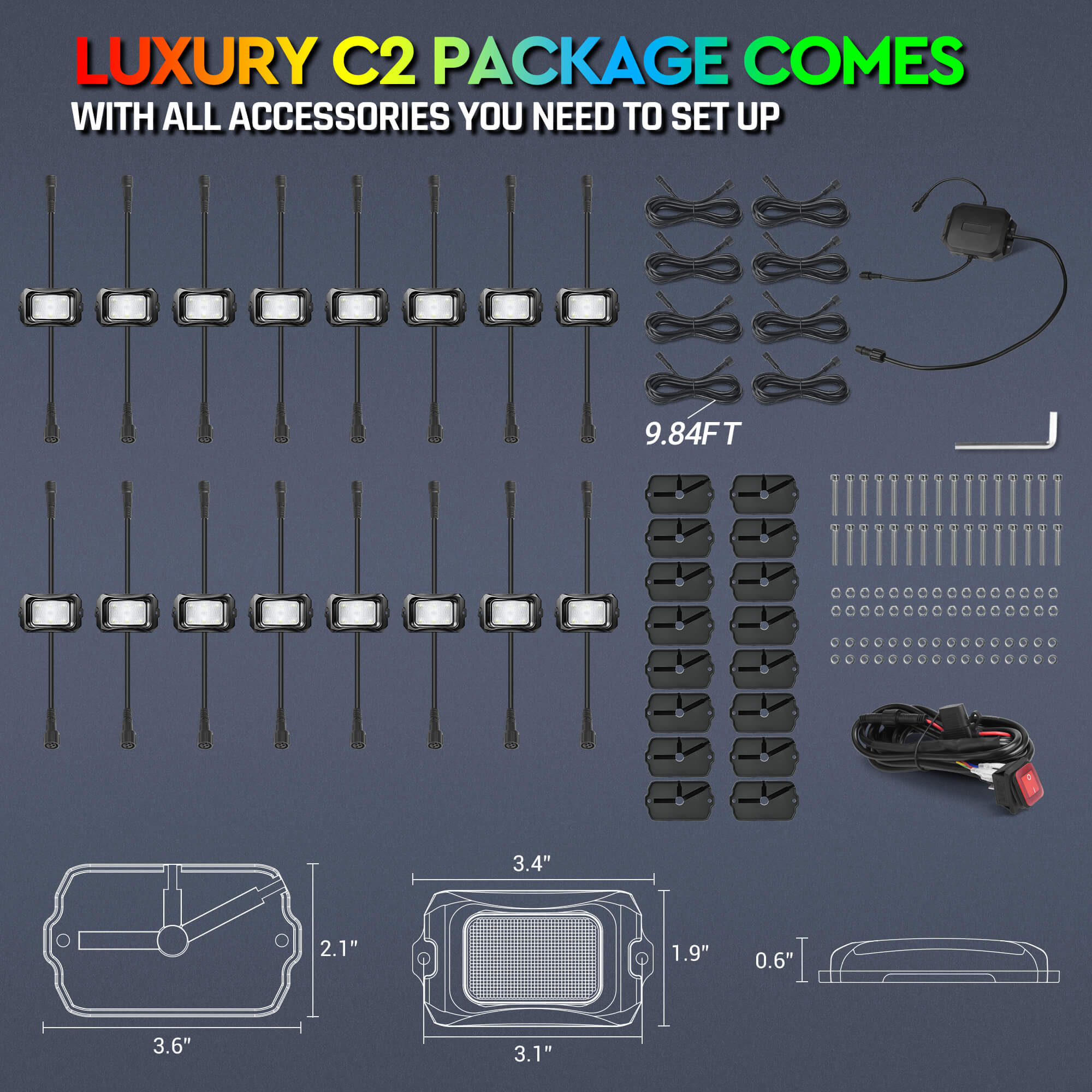 C2 Max RGB+IC Chasing Color Rock Lights 8-24 Pods Bundle with P1s-W Wireless RGB Switch Panel 8/12 Gang, Up to 328FT Range