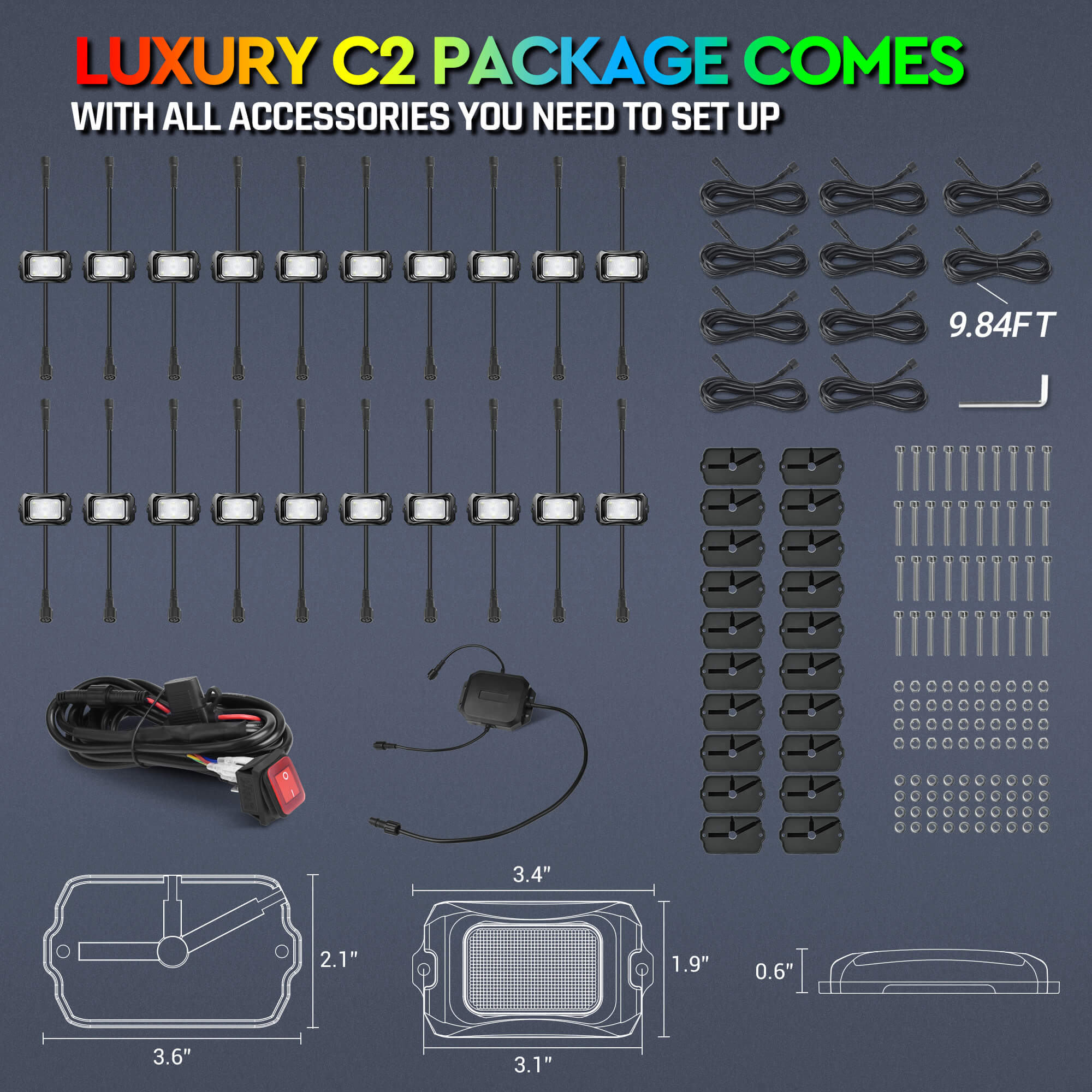 C2 Max RGB+IC Chasing Color Rock Lights 8-24 Pods Bundle with P1s-W Wireless RGB Switch Panel 8/12 Gang, Up to 328FT Range