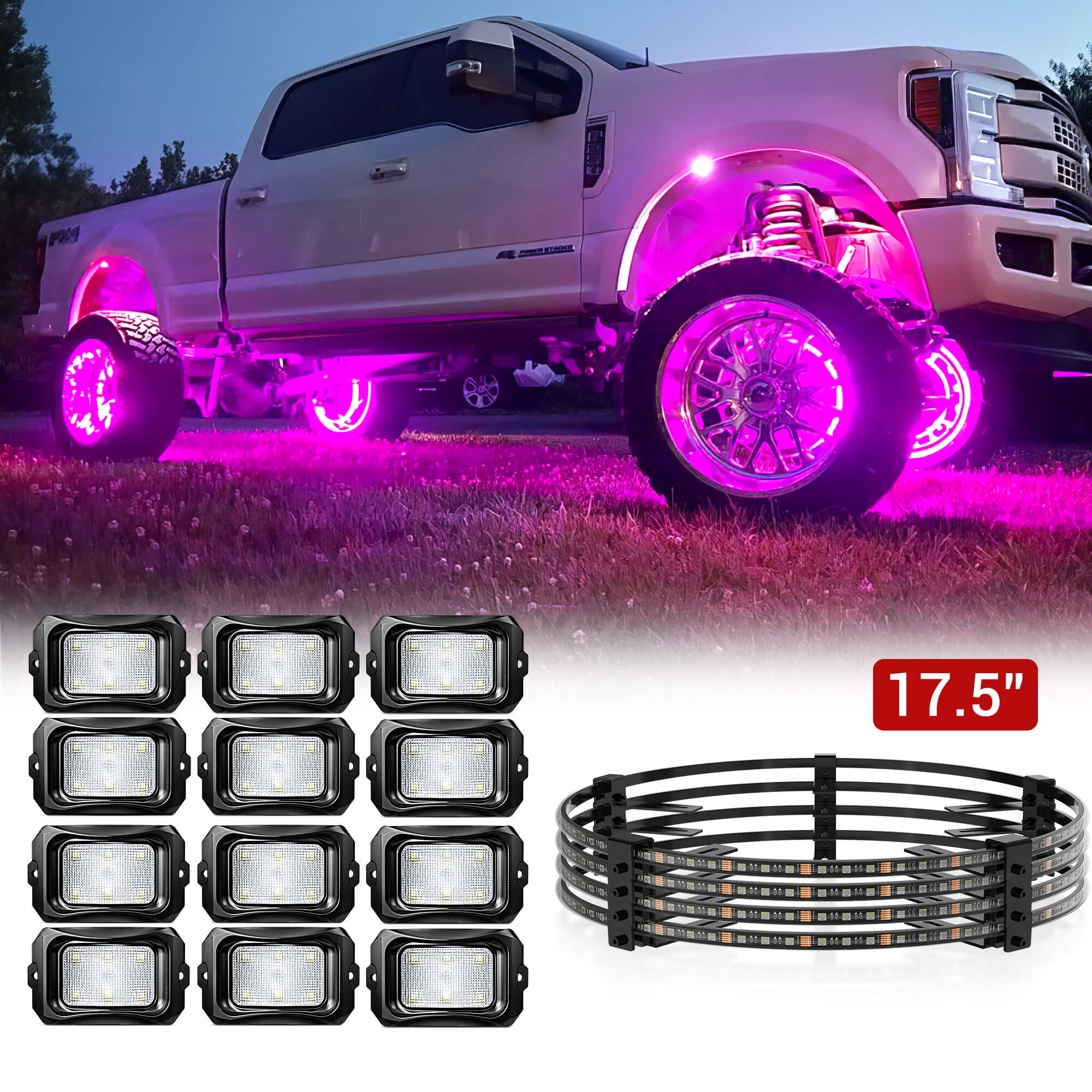 C2 RGBW Rock Lights Kit 8-16 Pods Plus with 15.5″/17.5″ RGBW LED Wheel Ring Lighting Kit