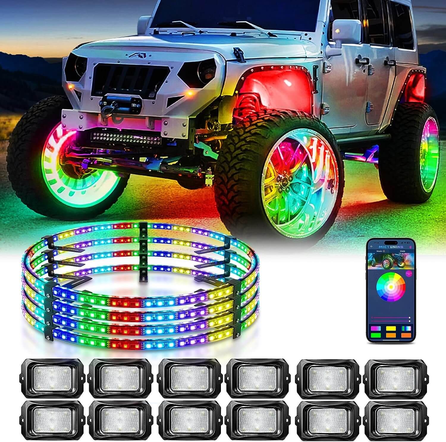 C2 RGB+IC LED Rock Lights Kit 8/12 Pods Bundle with 15.5″/17″ V1 RGB+IC Wheel Ring Lights Kit