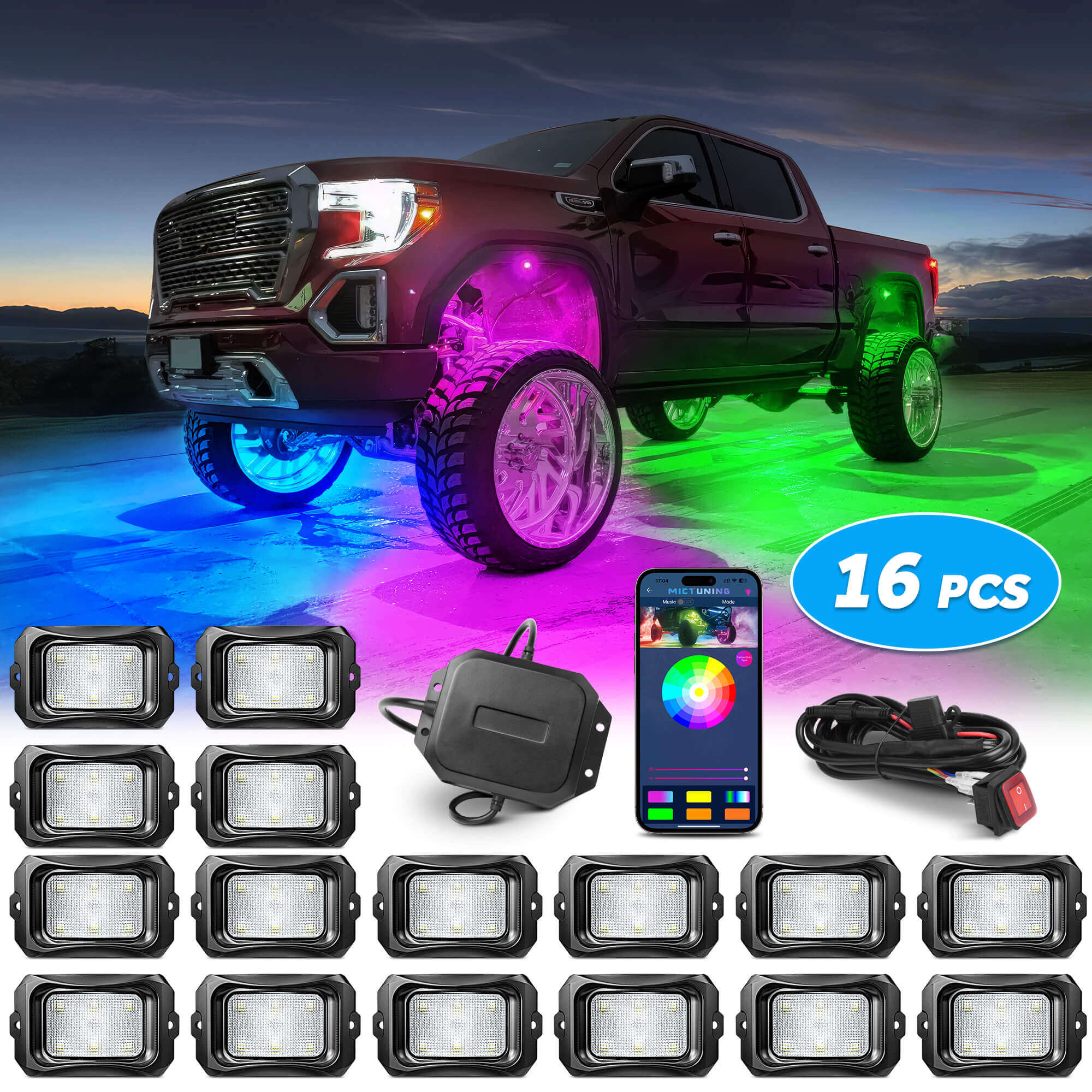 Mictuning C2 RGB+IC Chasing Color LED Rock Lights for Trucks