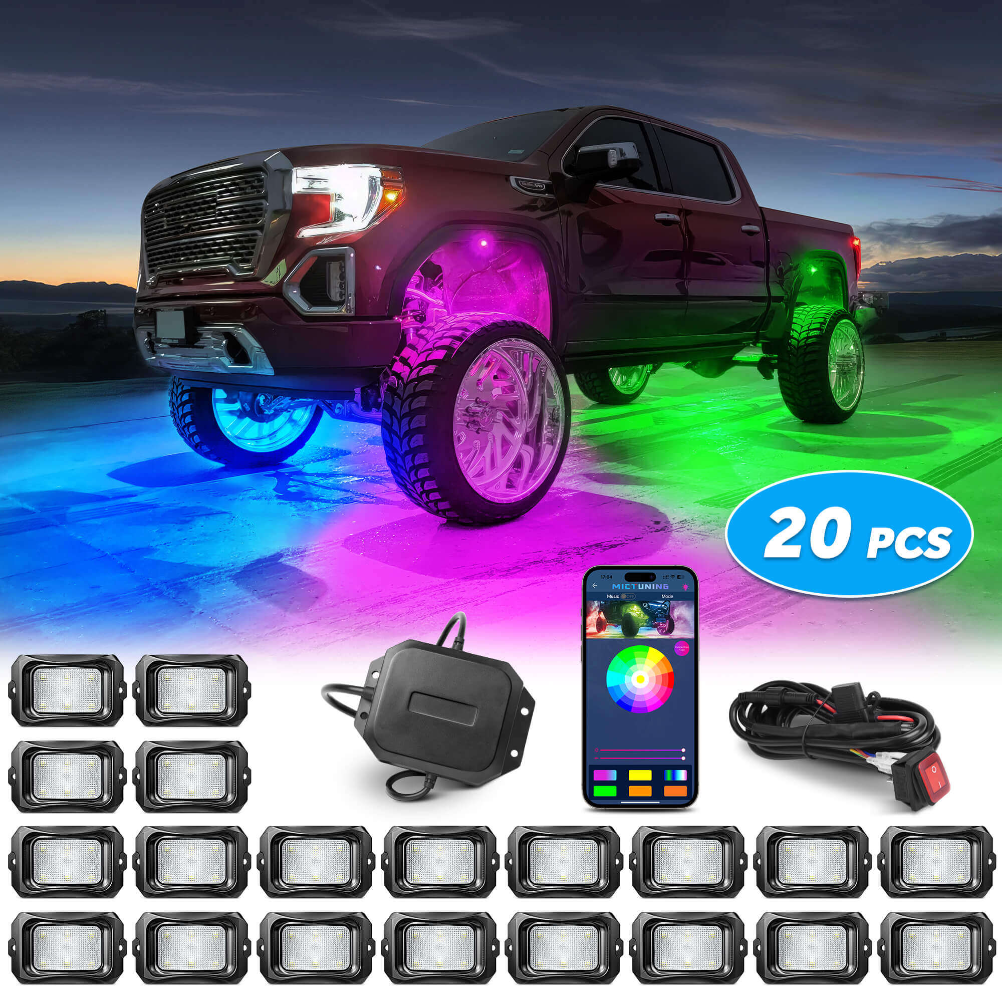 Mictuning C2 RGB+IC Chasing Color LED Rock Lights for Trucks, Jeep 