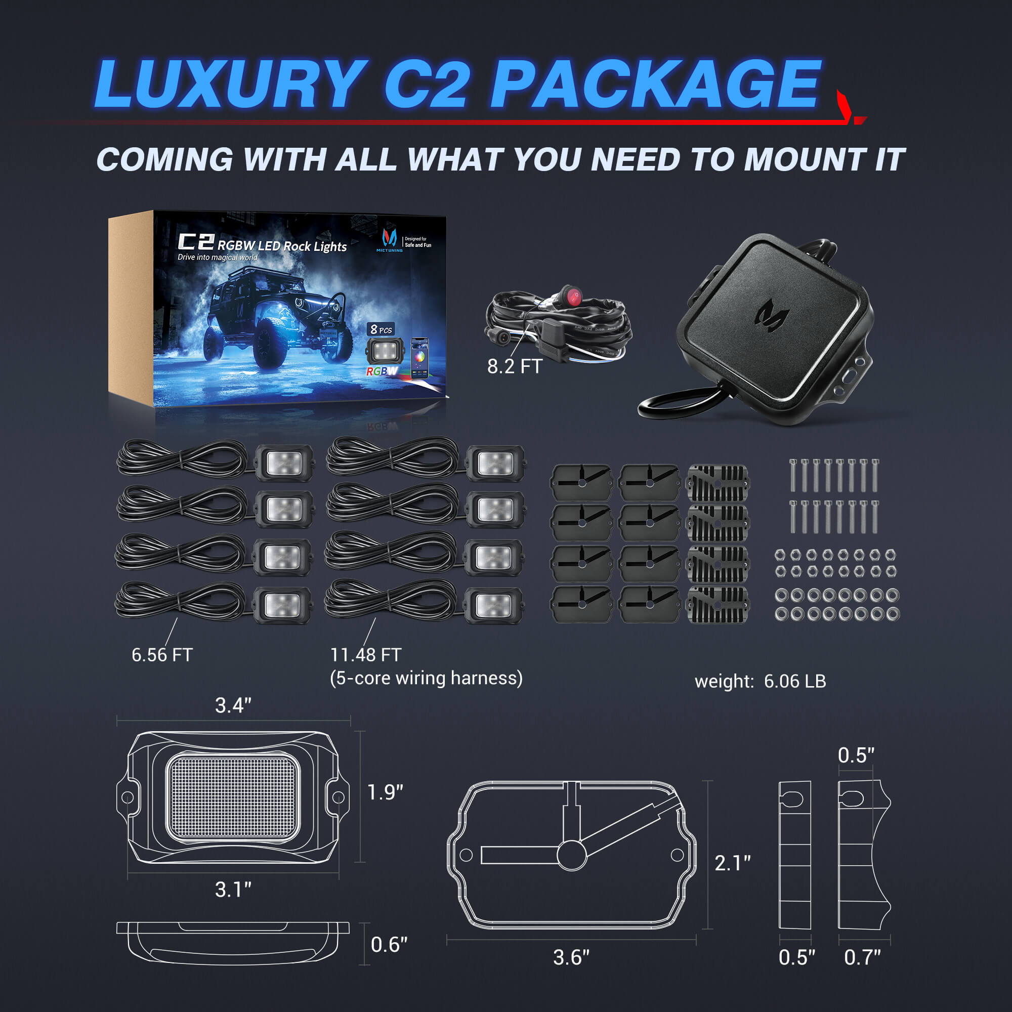 MS-W Slim Wireless Switch Panel Up to 208FT Range 6 Gang/8 Gang Bundle with C2 Curved RGBW LED Rock Lights - 4-16 Pods