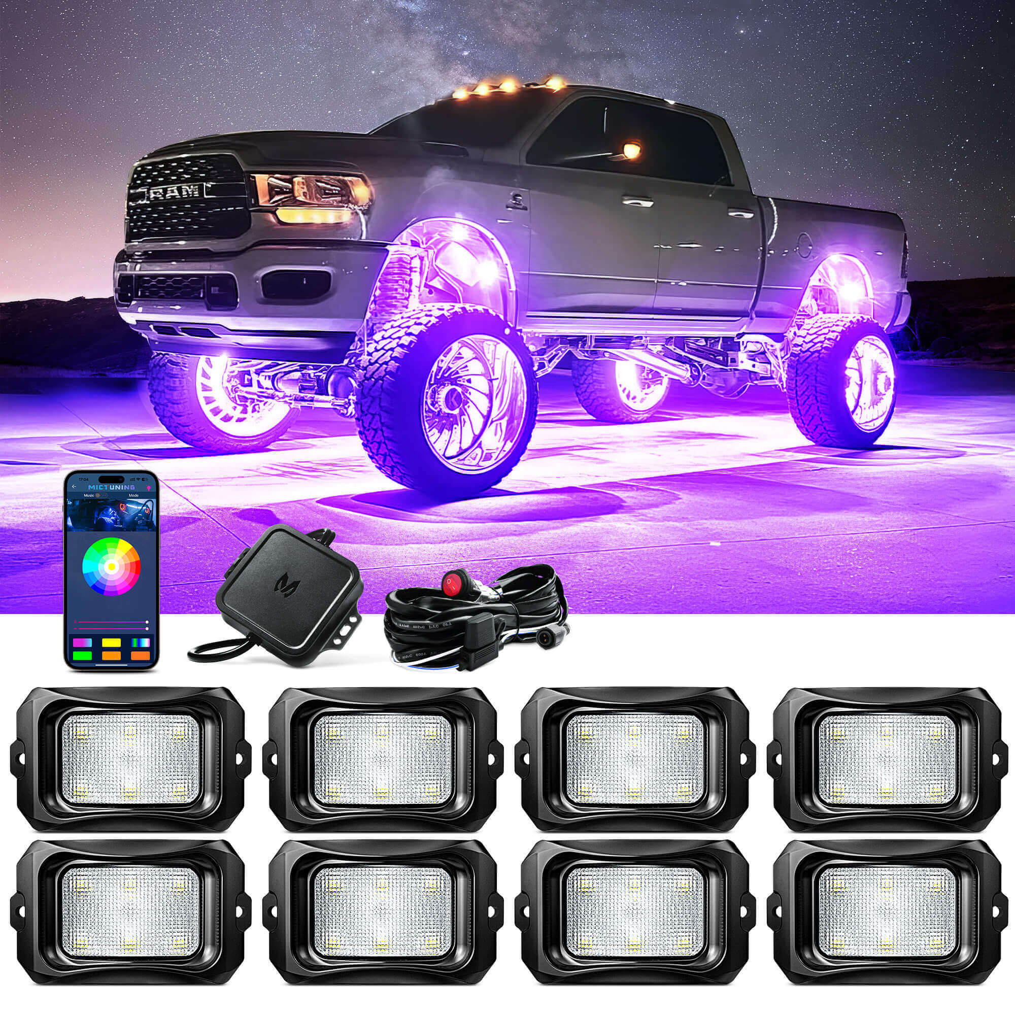 J1 7″ Round Led Headlights Bundle with C2 RGBW LED Rock Lights Kit 8-16 Pods