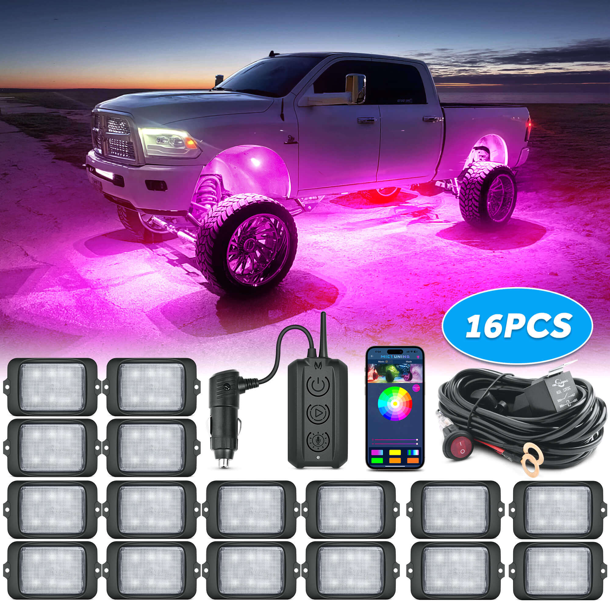MICTUNING 16 Pods C3 Extensible RGBW LED Rock Lights Wireless
