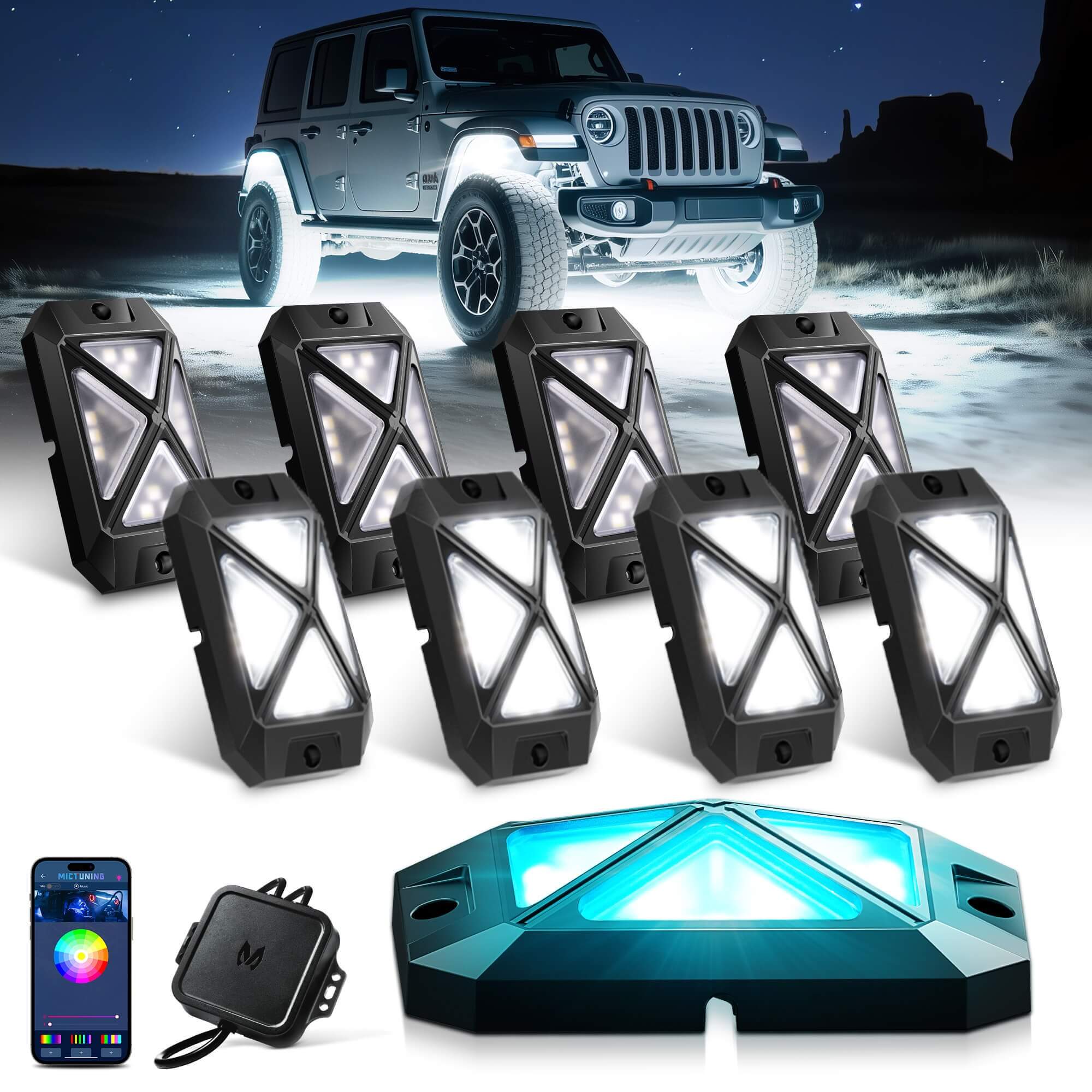 2025 Newest C4 360° Ultra-bright 4-Sided Wide Angle RGBW LED Rock Lights, Microphone Sync with APP Control, 8-16 Pods