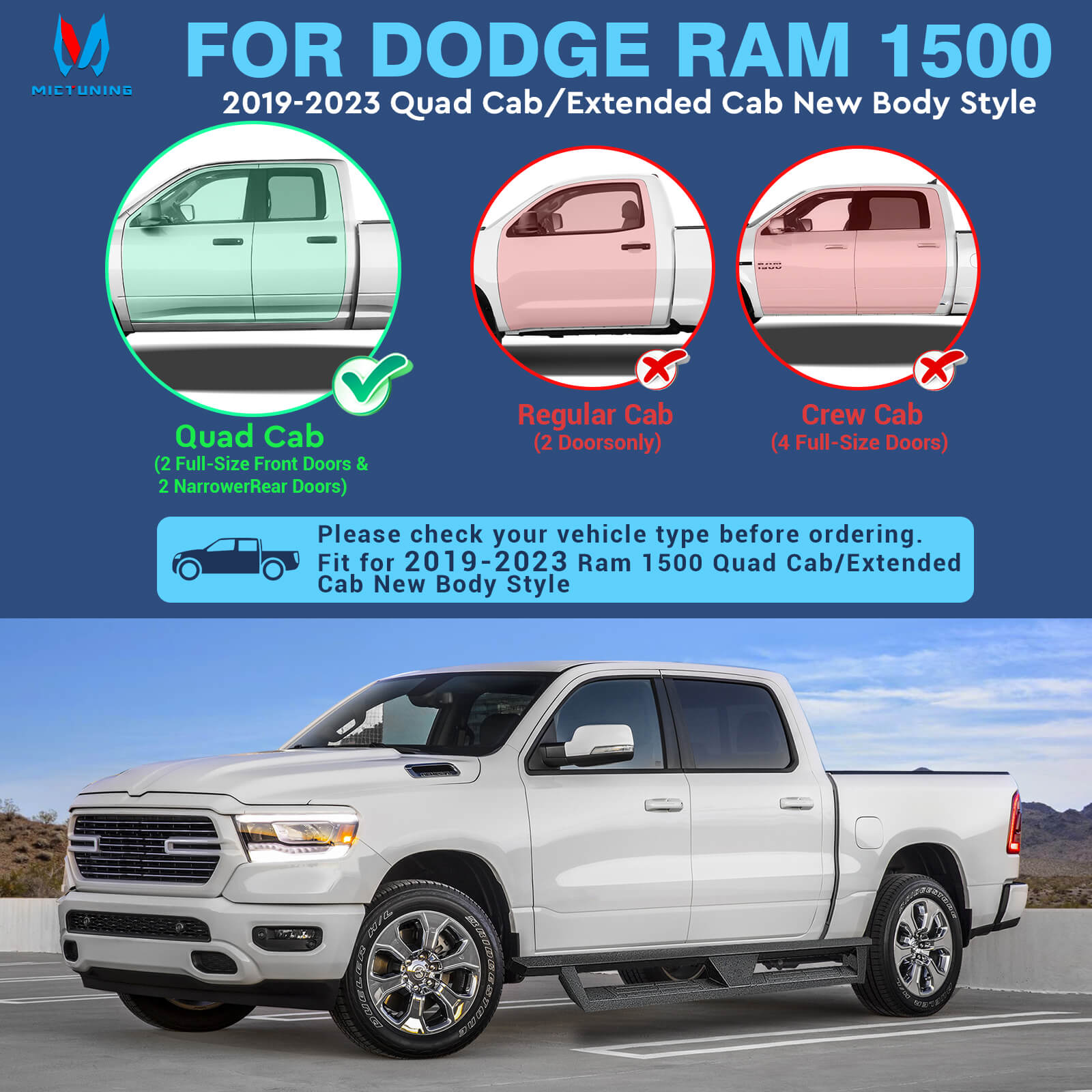 2019 2023 Dodge Ram 1500 Quad Cab Extended Cab New Body Style Side Running Boards MICTUNING Slip Proof Side Step Nerf Bars Heavy Duty Side Steps