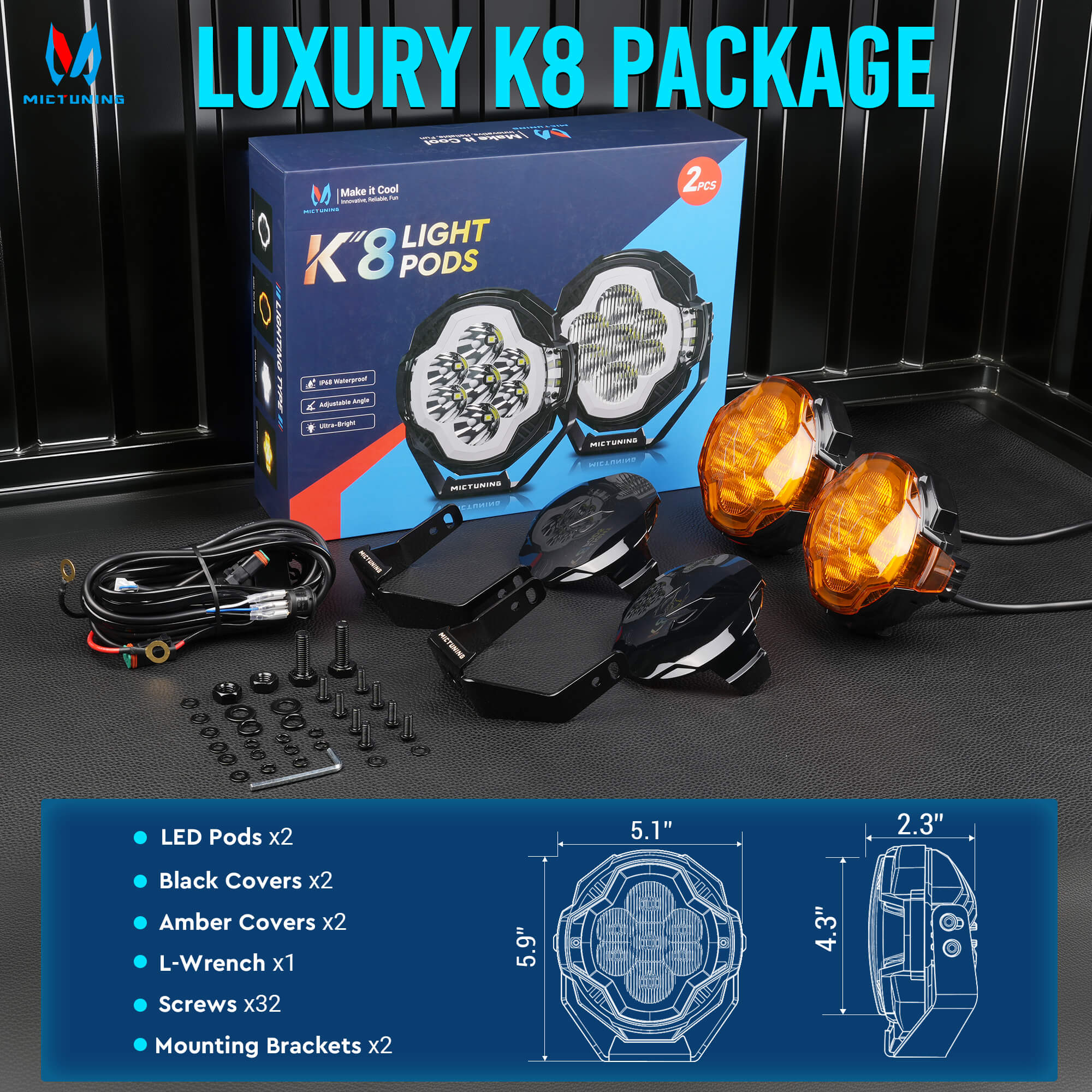 K6 4 Inch 160W LED White Light Pods Bundle with K8 Halo Ultra Pod Light, Offroad Driving Beam/Spot Beam, 4 Inch/5 Inch