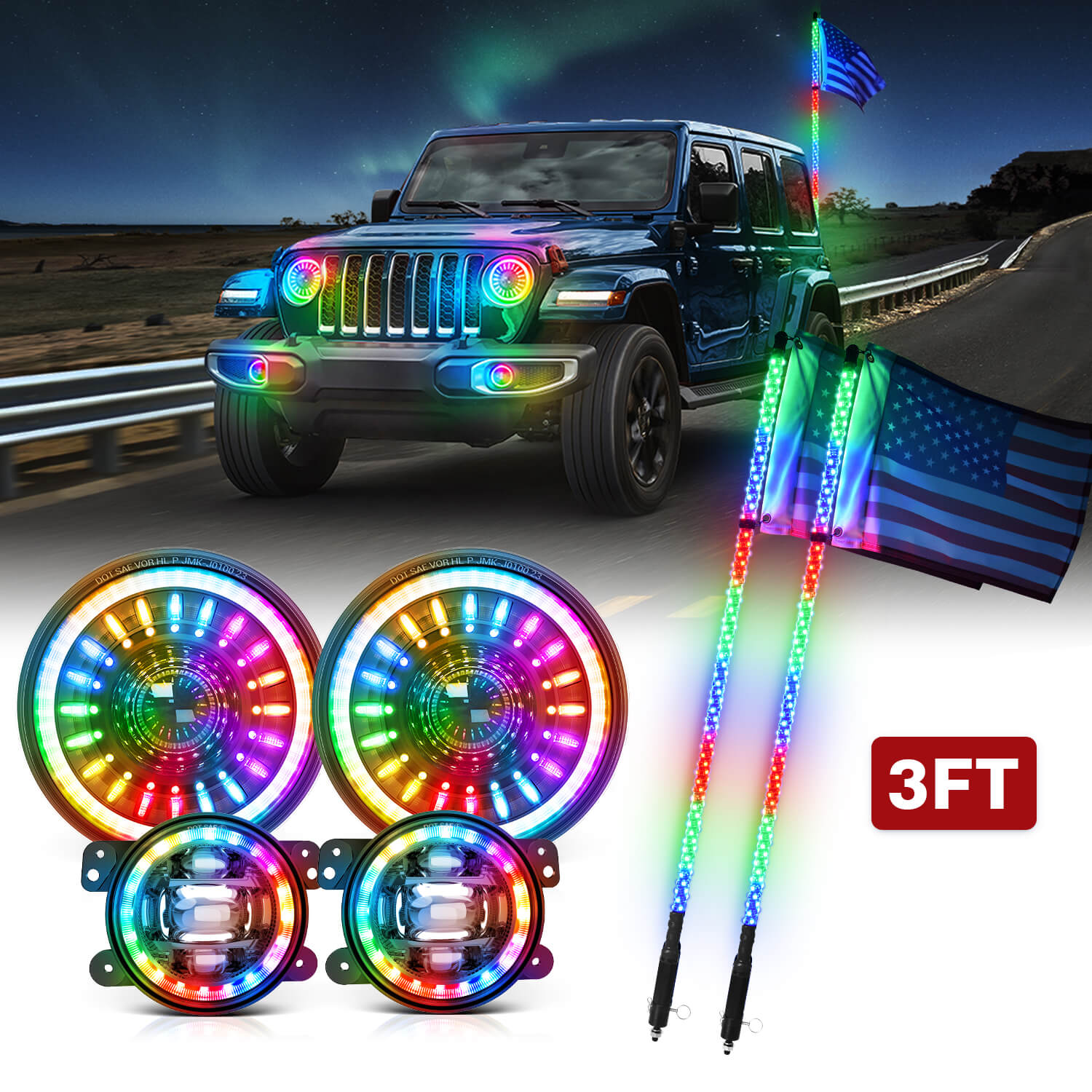 J1 RGB+IC 7″ Anti-glare LED Headlights Bundle with W1  3FT/4FT LED Whip Lights