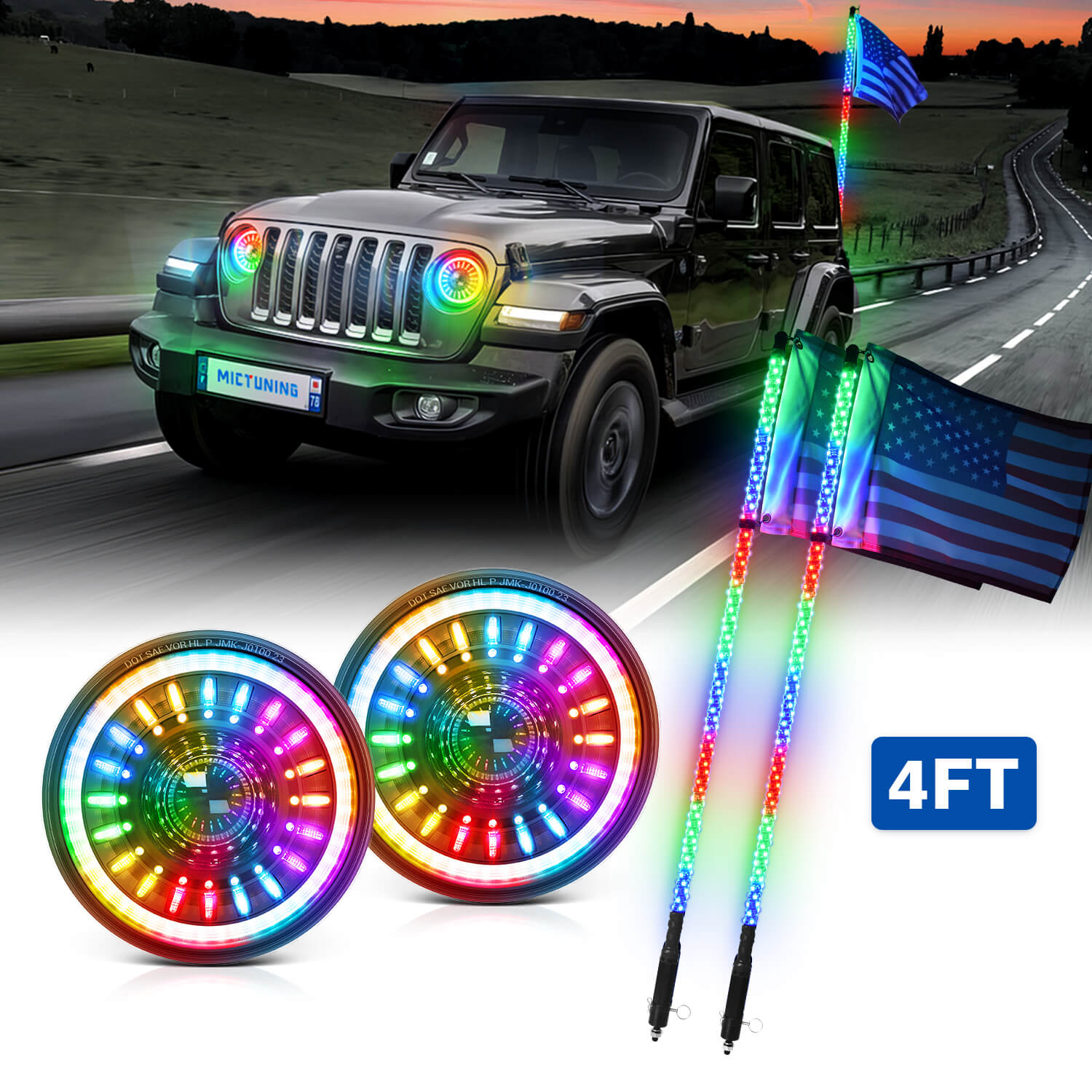 J1 RGB+IC 7″ Anti-glare LED Headlights Bundle with W1 3FT/4FT LED