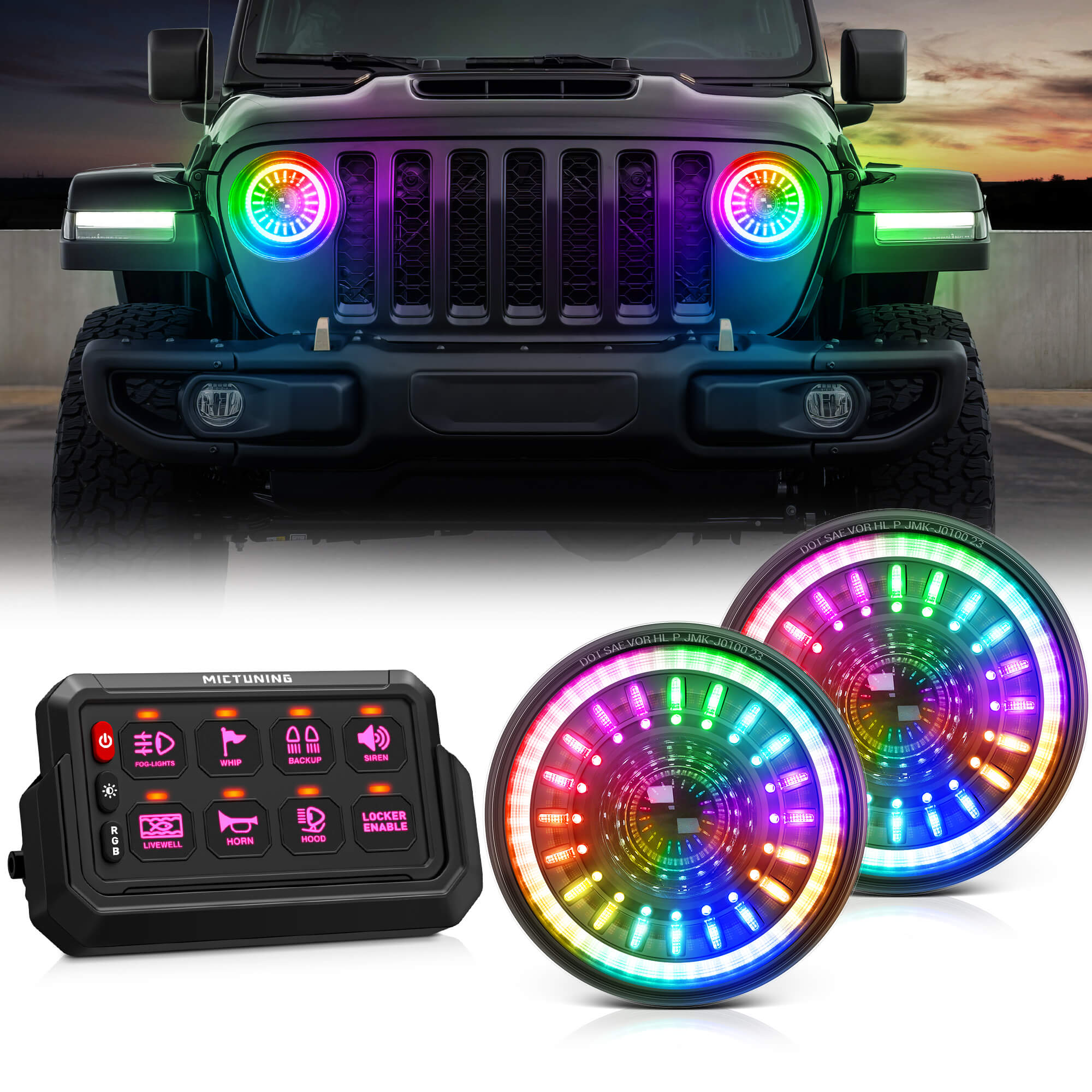 J1 RGB+IC 7″ Anti-glare LED Headlights 2pcs Bundle with Wireless Switch Panel 8/12 Gang