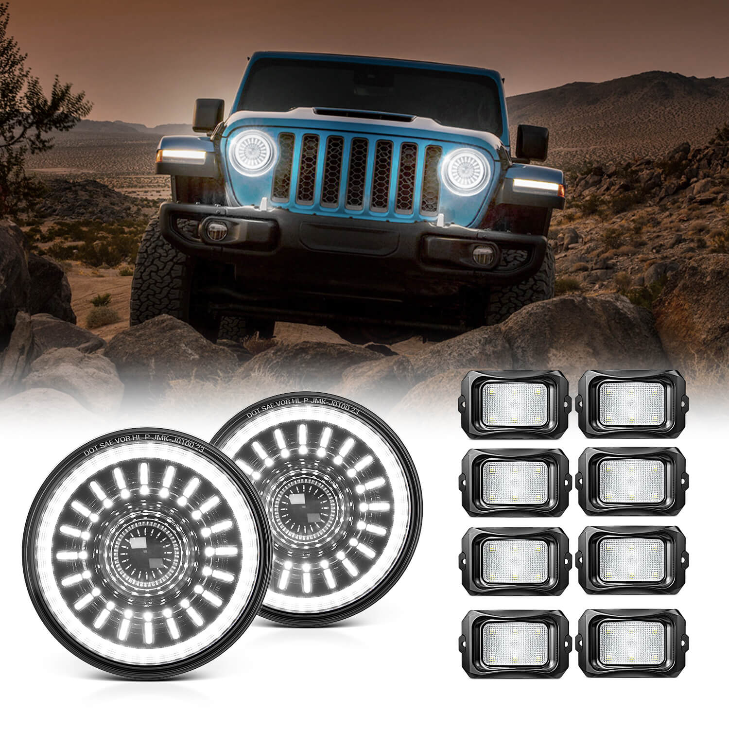 J1 7″ Round Led Headlights Bundle with C2 RGBW LED Rock Lights Kit 8-16 Pods