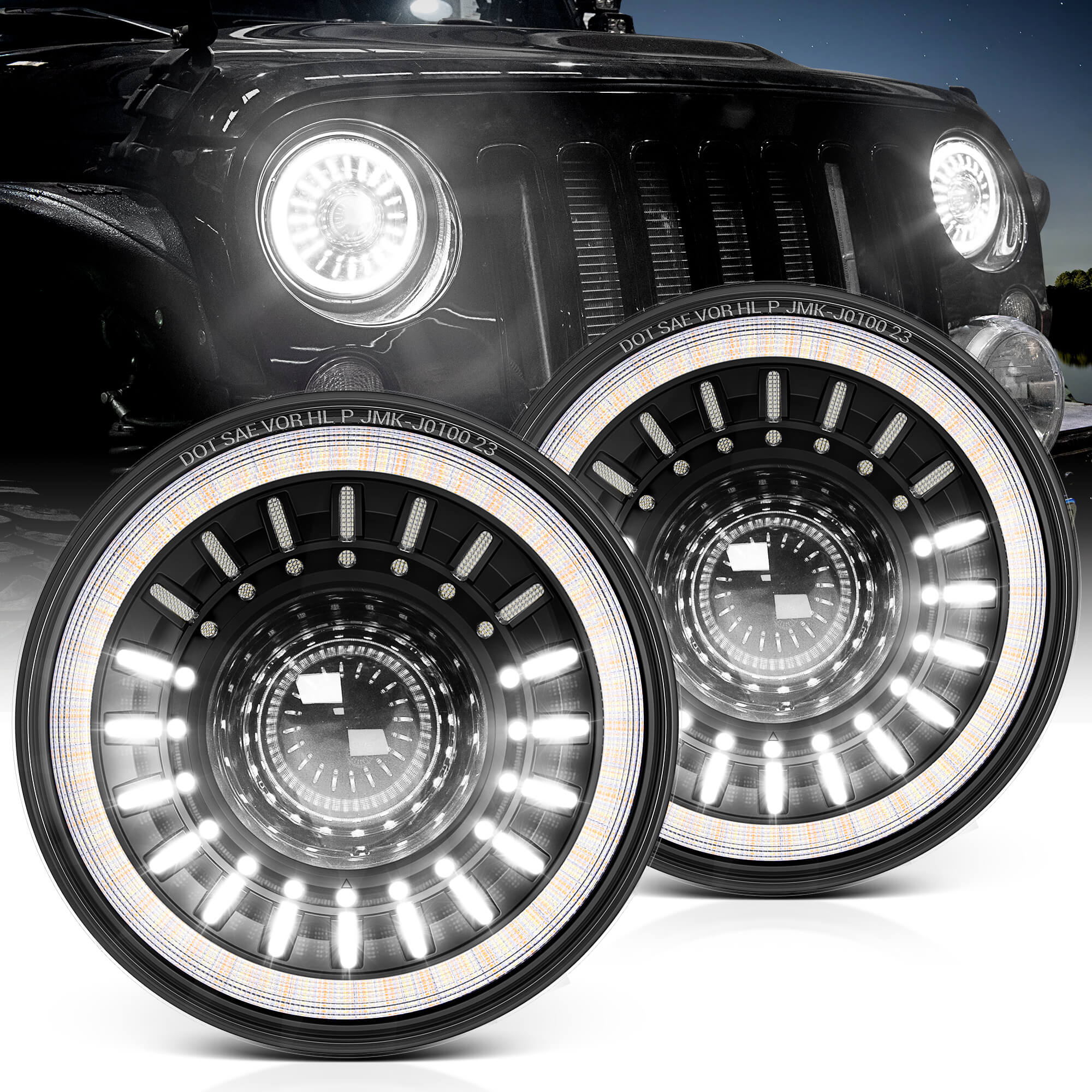 J1 Anti-glare 1000% Brighter 7″ Round Led Headlights with Start-up Gradient Welcome Halo, Motorcycle Headlights