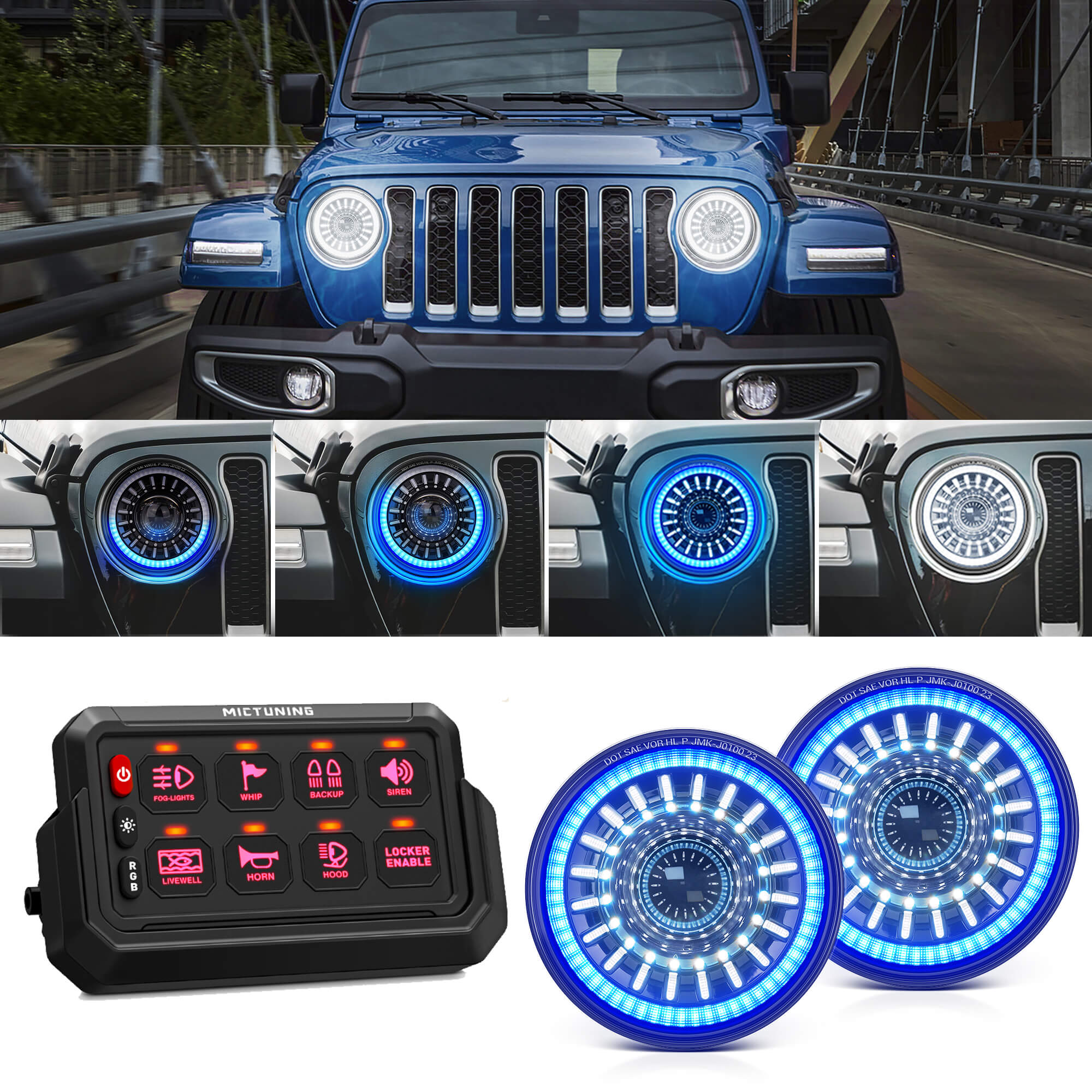 J1 7″ LED Headlights with Blue Welcome Halo Bundle with P1s-AC Wireles