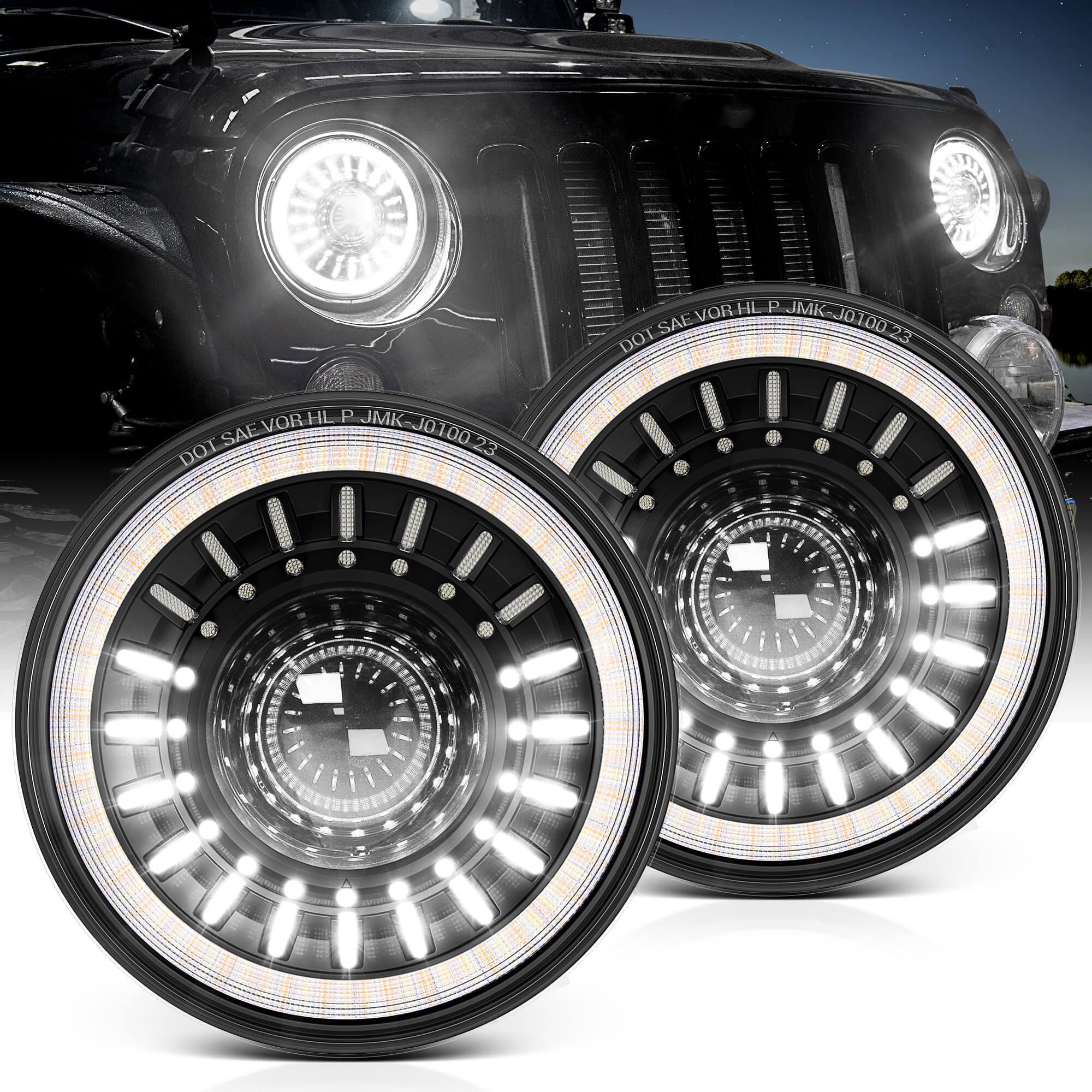 J1 7″ Round Led Headlights Bundle with C2 RGBW LED Rock Lights Kit 8-16 Pods