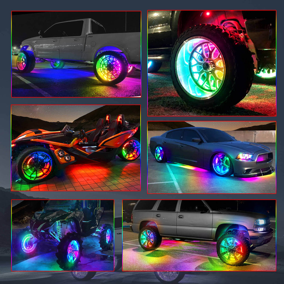 String Light Car Rims 15.5″/17″ RGB+IC Chasing Color Wheel Ring Lights Kit MICTUNING, Double ...