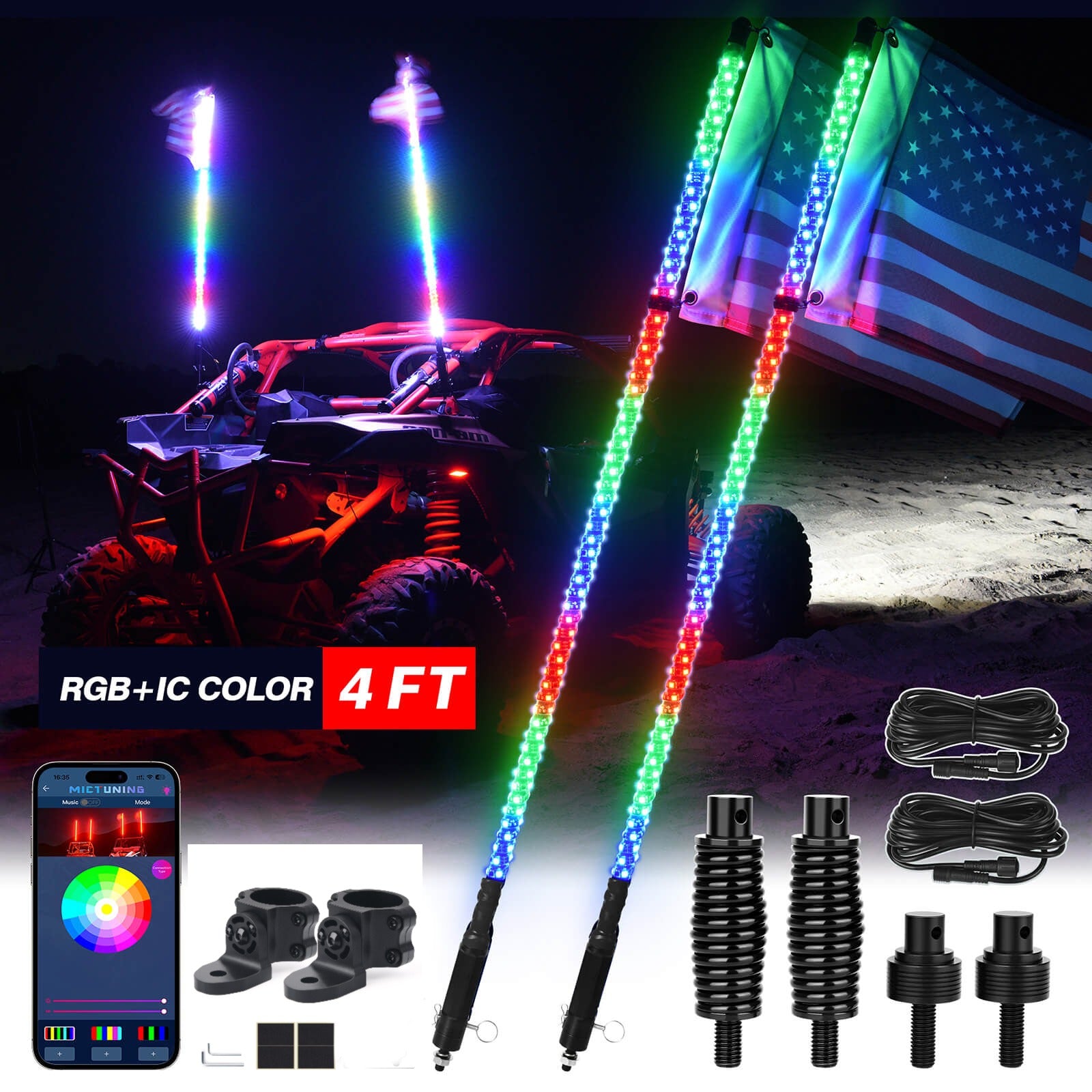 3FT/4FT W1 LED Whip Lights with Flag 2pcs - Spiral Bendable RGB Chasing Color Antenna Whips - Bluetooth App Control