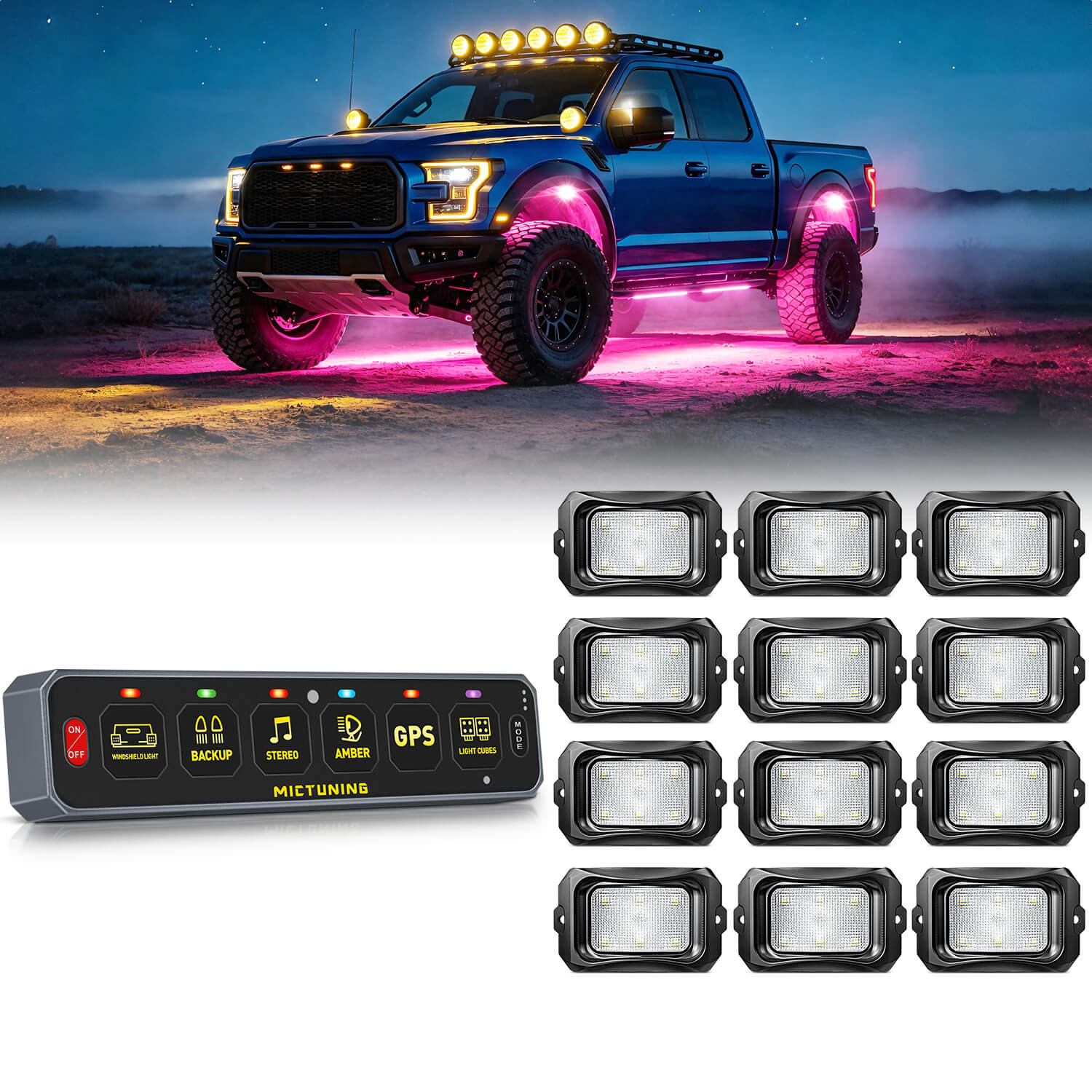MS-W Slim Wireless Switch Panel Up to 208FT Range 6 Gang/8 Gang Bundle with C2 Curved RGBW LED Rock Lights - 4-16 Pods