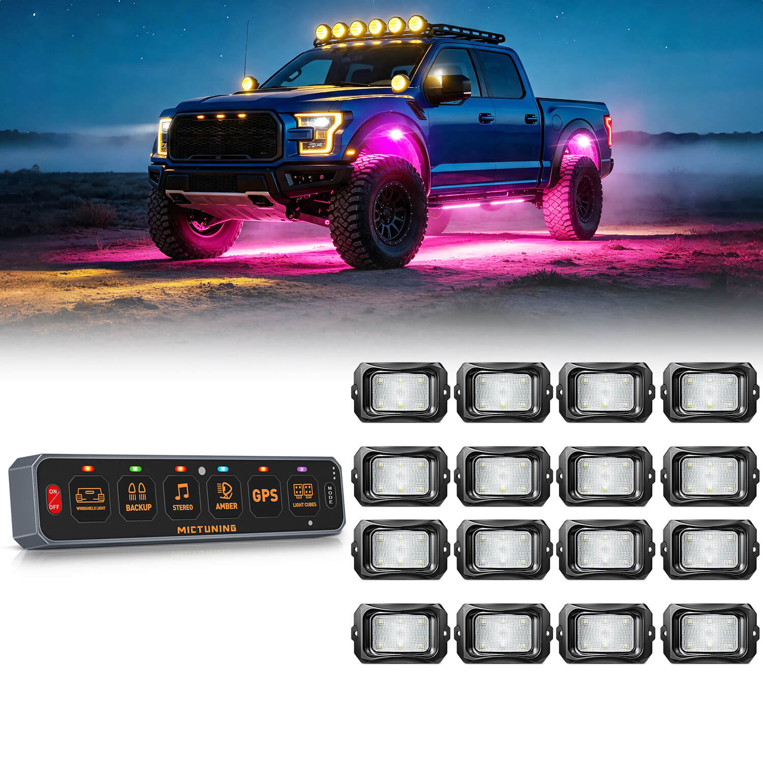 MS-W Slim Wireless Switch Panel Up to 208FT Range 6 Gang/8 Gang Bundle with C2 Curved RGBW LED Rock Lights - 4-16 Pods