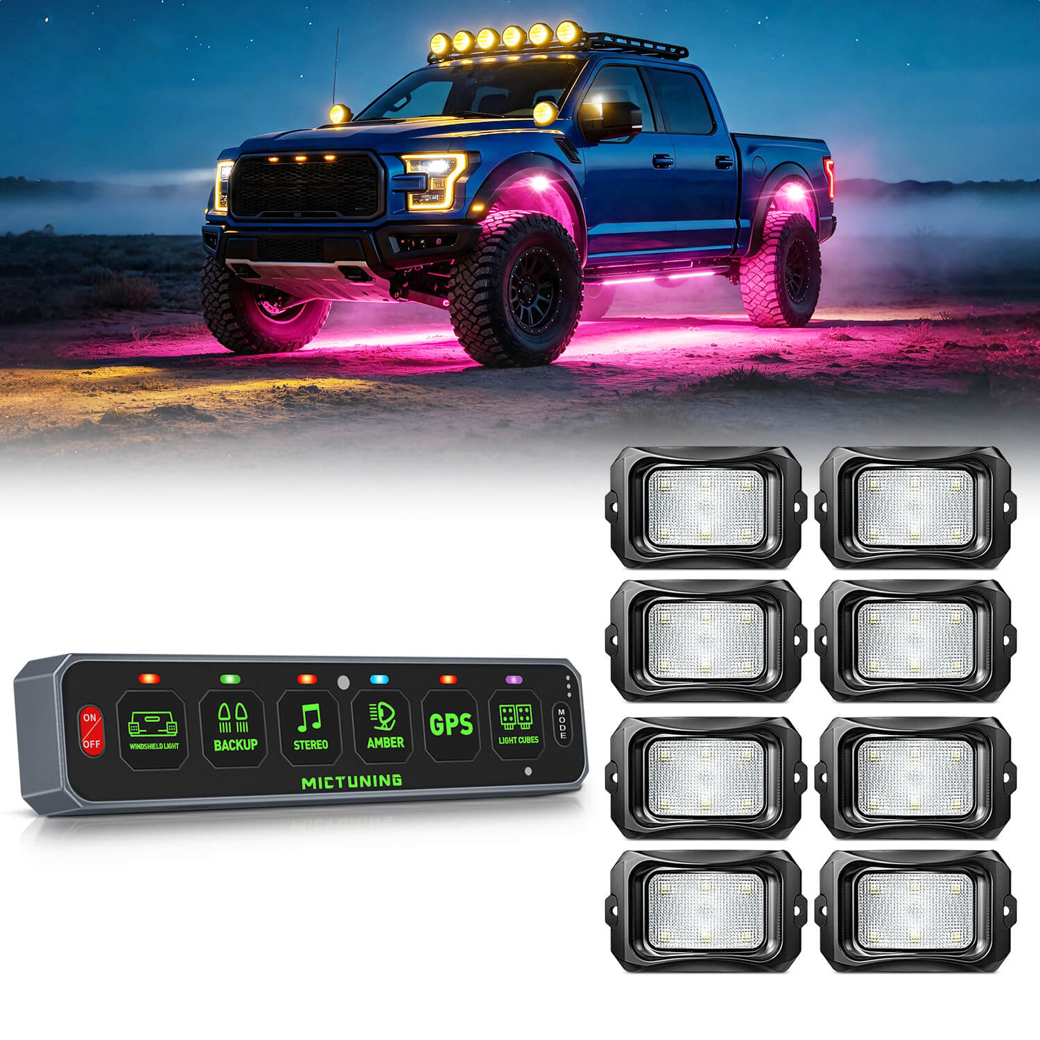 MS-W Slim Wireless Switch Panel Up to 208FT Range 6 Gang/8 Gang Bundle with C2 Curved RGBW LED Rock Lights - 4-16 Pods