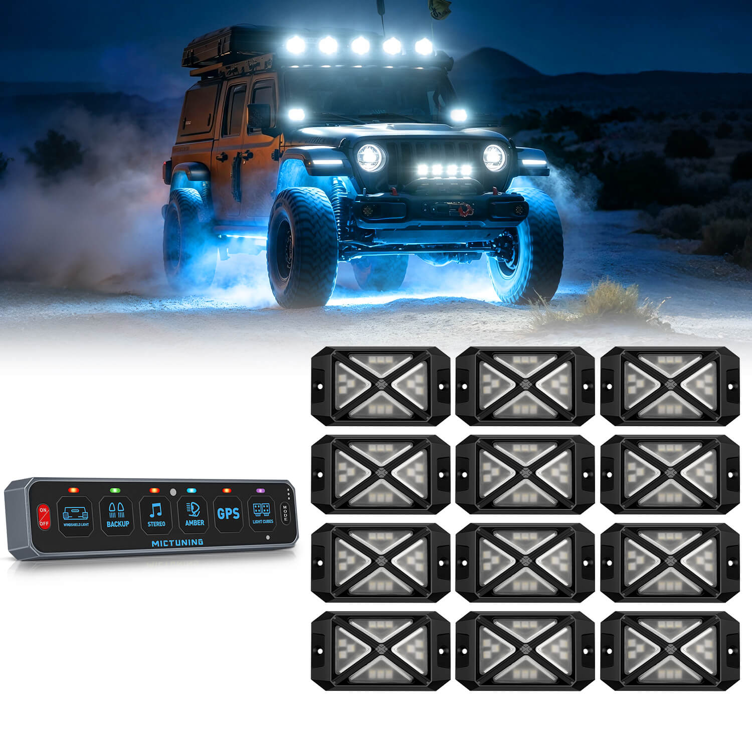 MS-W Slim Wireless Switch Panel Up to 208FT Range 6 Gang/8 Gang Bundle with C4 4-Sided RGBW LED Rock Lights 8-16 Pods