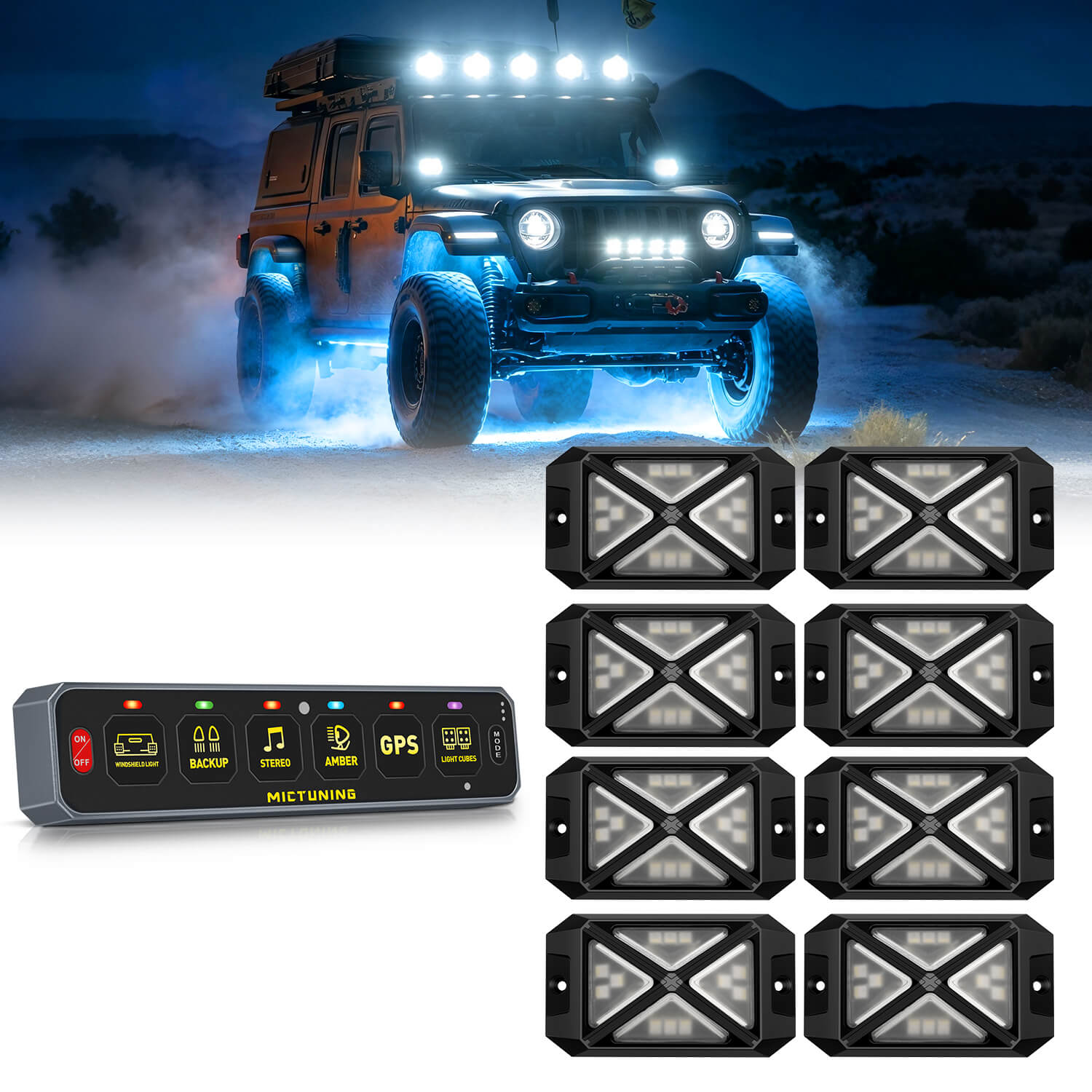MS-W Slim Wireless Switch Panel Up to 208FT Range 6 Gang/8 Gang Bundle with C4 4-Sided RGBW LED Rock Lights 8-16 Pods