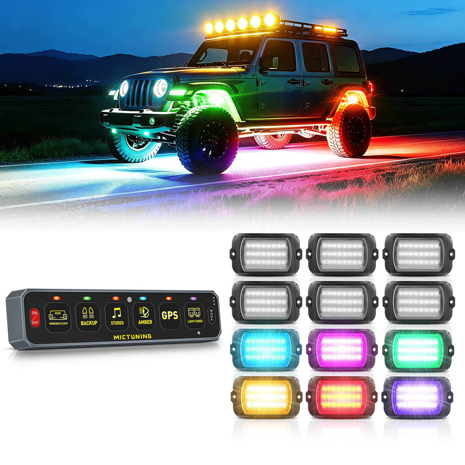 MS-W Slim Wireless Switch Panel Up to 208FT Range 6 Gang/8 Gang Bundle with Q1 Max RGB+IC Rock Lights Chasing Dream Color 8-24 Pods