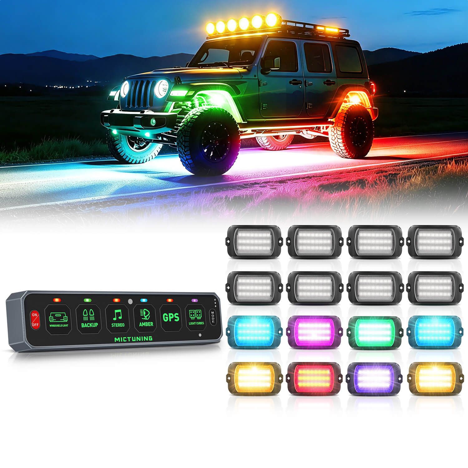 MS-W Slim Wireless Switch Panel Up to 208FT Range 6 Gang/8 Gang Bundle with Q1 Max RGB+IC Rock Lights Chasing Dream Color 8-24 Pods