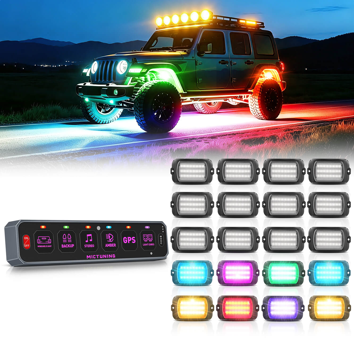 MS-W Slim Wireless Switch Panel Up to 208FT Range 6 Gang/8 Gang Bundle with Q1 Max RGB+IC Rock Lights Chasing Dream Color 8-24 Pods