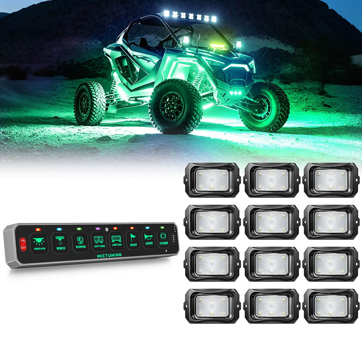 MS-W Slim Wireless Switch Panel Up to 208FT Range 6 Gang/8 Gang Bundle with C2 Curved RGBW LED Rock Lights - 4-16 Pods