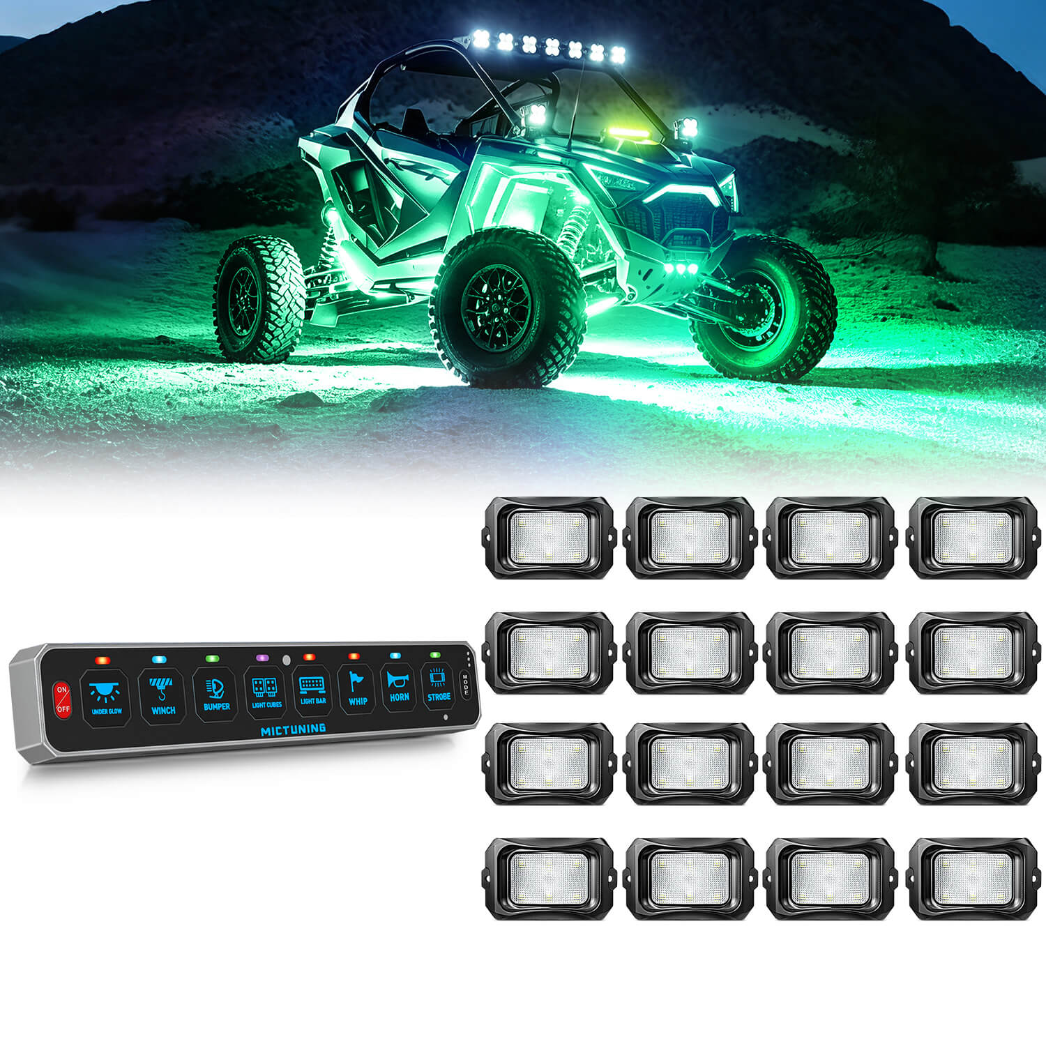 MS-W Slim Wireless Switch Panel Up to 208FT Range 6 Gang/8 Gang Bundle with C2 Curved RGBW LED Rock Lights - 4-16 Pods