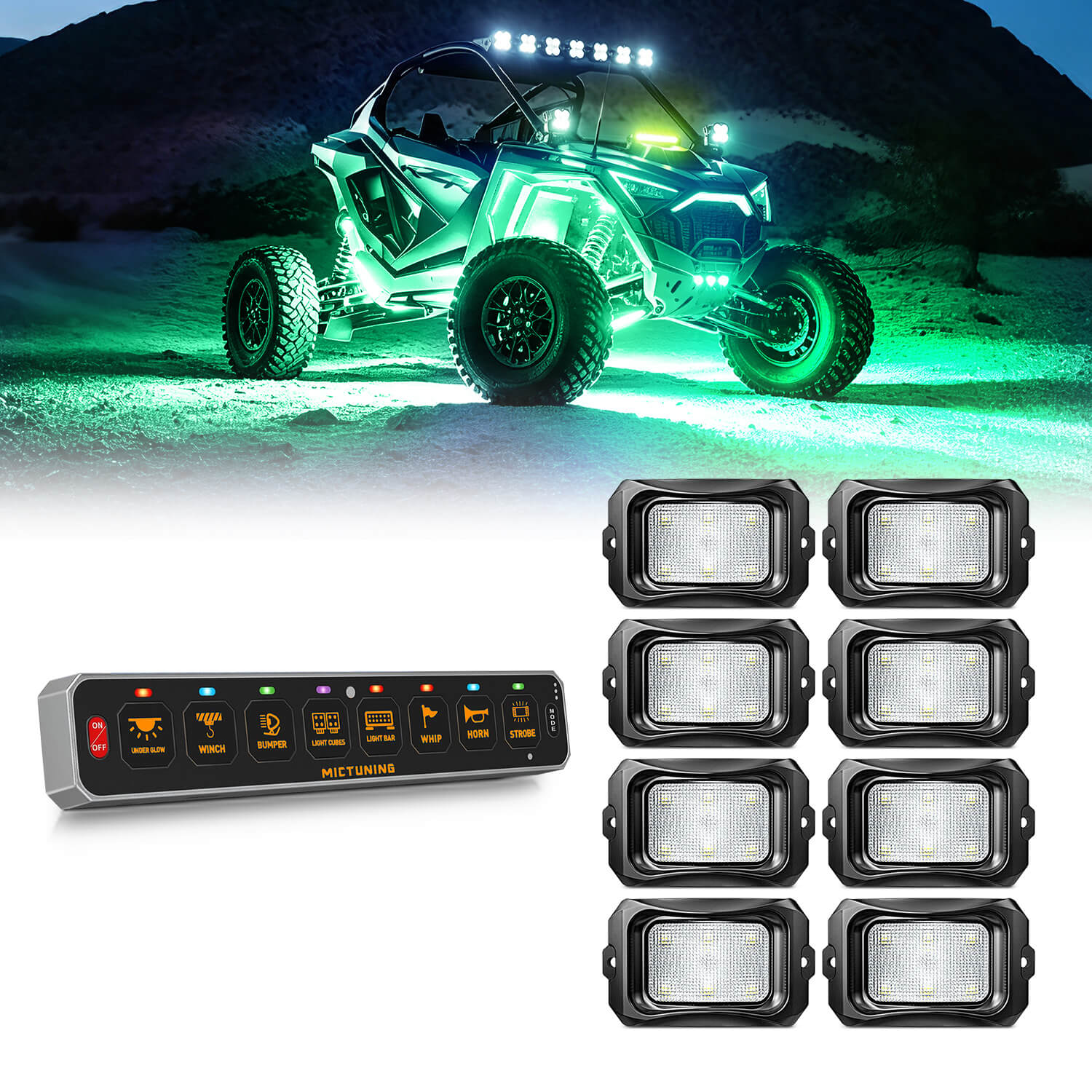 MS-W Slim Wireless Switch Panel Up to 208FT Range 6 Gang/8 Gang Bundle with C2 Curved RGBW LED Rock Lights - 4-16 Pods