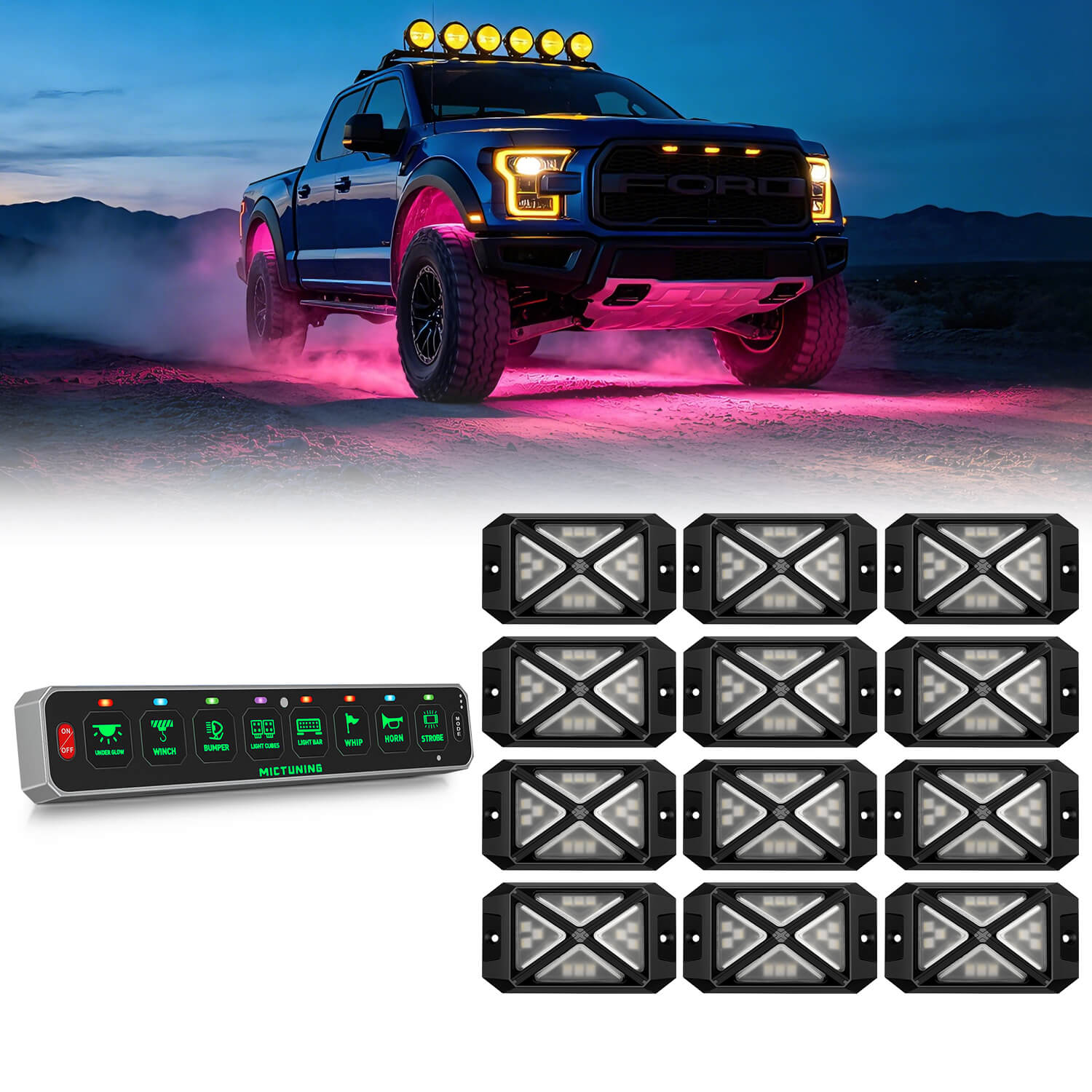 MS-W Slim Wireless Switch Panel Up to 208FT Range 6 Gang/8 Gang Bundle with C4 4-Sided RGBW LED Rock Lights 8-16 Pods