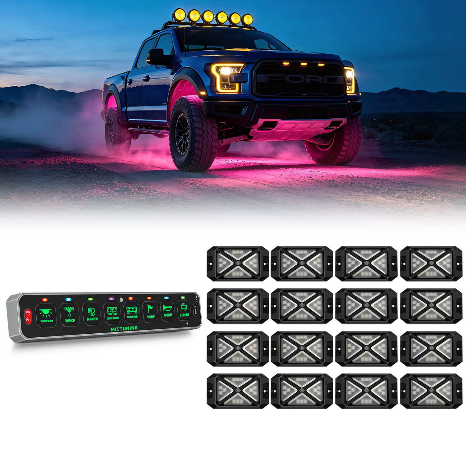 MS-W Slim Wireless Switch Panel Up to 208FT Range 6 Gang/8 Gang Bundle with C4 4-Sided RGBW LED Rock Lights 8-16 Pods