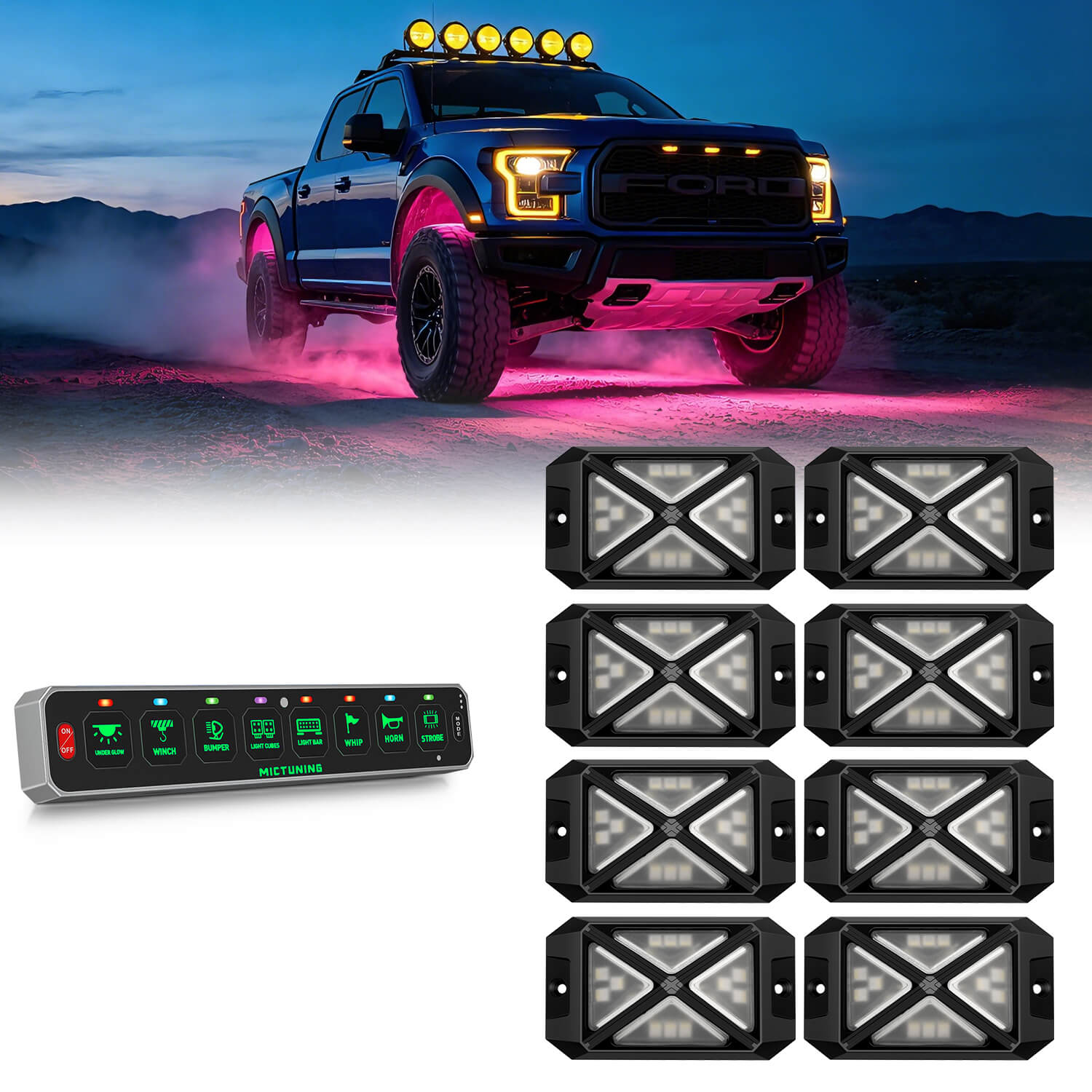 MS-W Slim Wireless Switch Panel Up to 208FT Range 6 Gang/8 Gang Bundle with C4 4-Sided RGBW LED Rock Lights 8-16 Pods