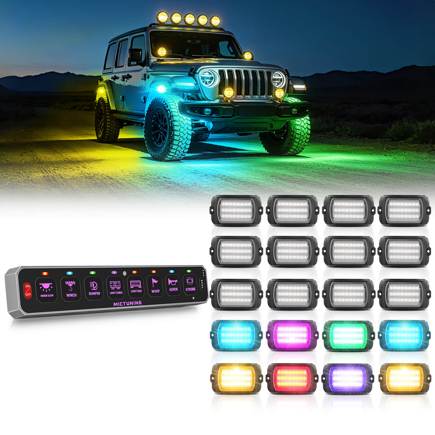MS-W Slim Wireless Switch Panel Up to 208FT Range 6 Gang/8 Gang Bundle with Q1 Max RGB+IC Rock Lights Chasing Dream Color 8-24 Pods