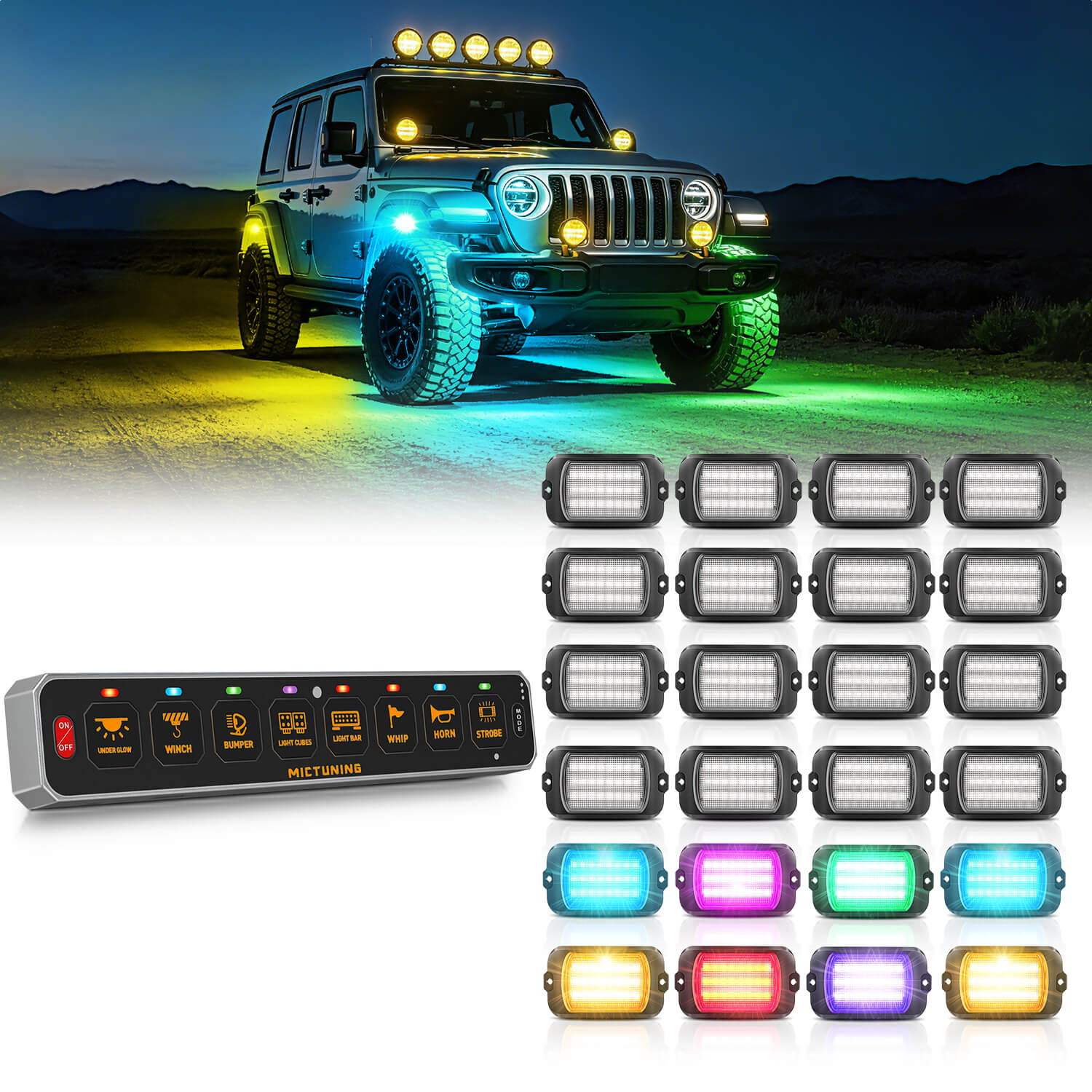 MS-W Slim Wireless Switch Panel Up to 208FT Range 6 Gang/8 Gang Bundle with Q1 Max RGB+IC Rock Lights Chasing Dream Color 8-24 Pods