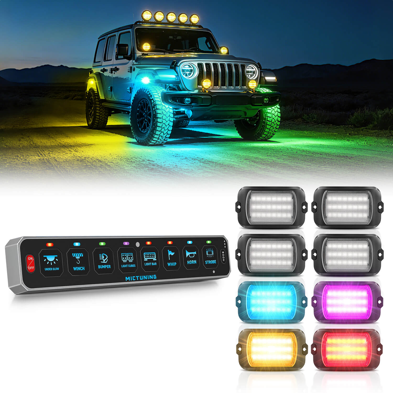 MS-W Slim Wireless Switch Panel Up to 208FT Range 6 Gang/8 Gang Bundle with Q1 Max RGB+IC Rock Lights Chasing Dream Color 8-24 Pods