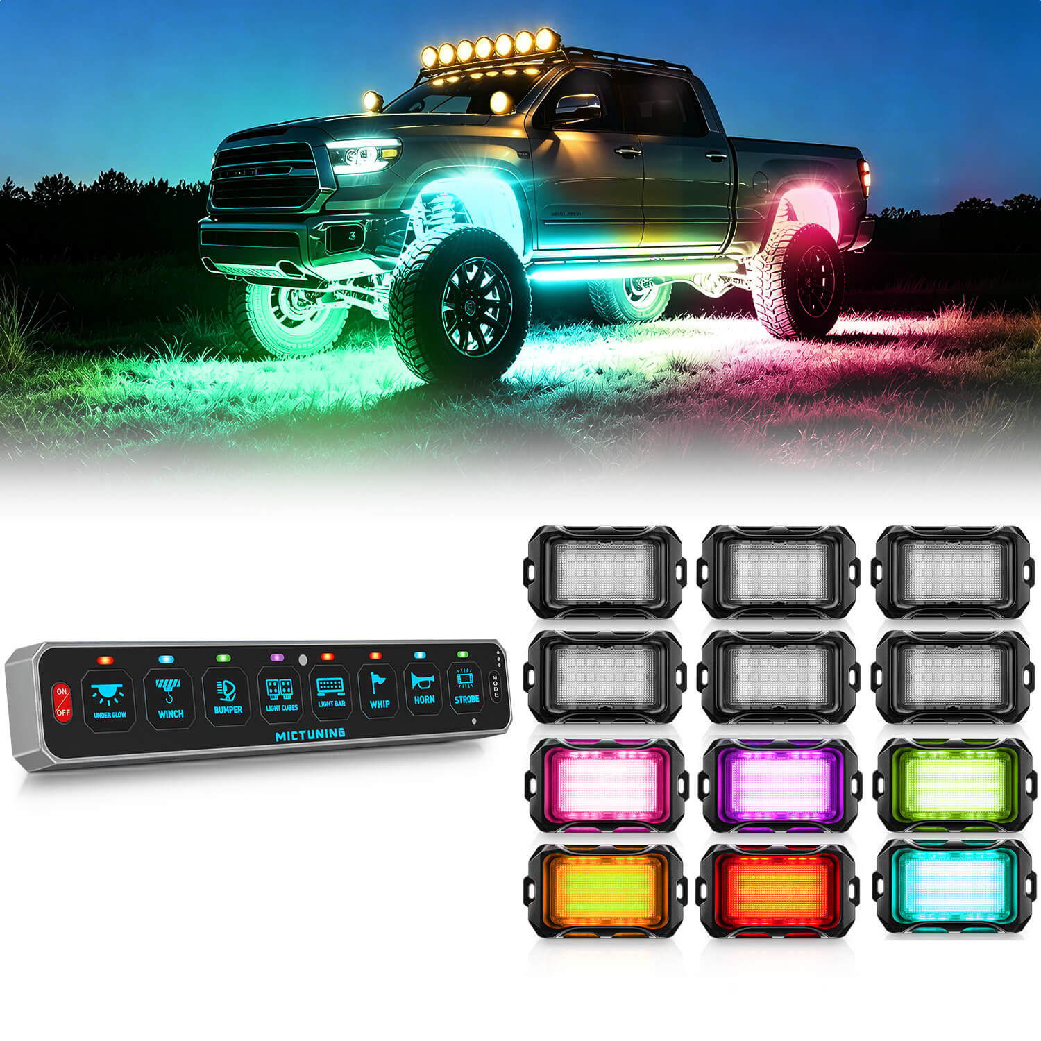MS-W Slim Wireless Switch Panel Up to 208FT Range 6 Gang/8 Gang Bundle with Q2 MAX RGB+IC Rock Lights Individual Group Control, 8-16 Pods