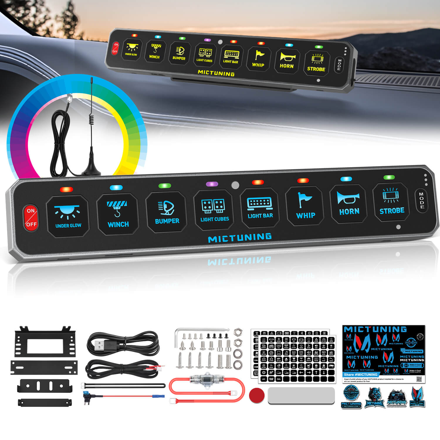 MS-W Slim Wireless Switch Panel, Up to 208FT Range, 6 Gang/8 Gang Toggle Momentary Strobe Pulsed Flash, RGB Dimmable Backlit