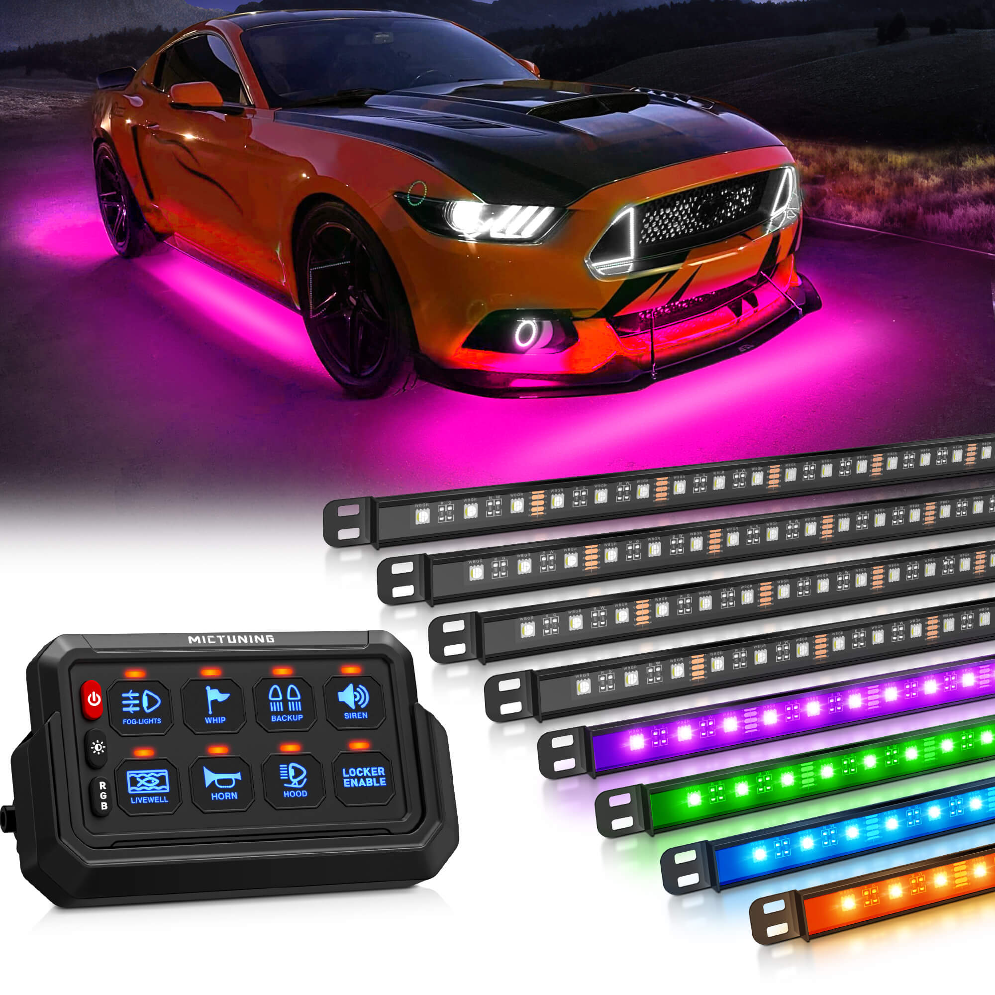 N8 RGBW/RGB+IC Car Underglow Light Kit Bundle with Wireless 8/12 Gang RGB Switch Panel P1s-AC