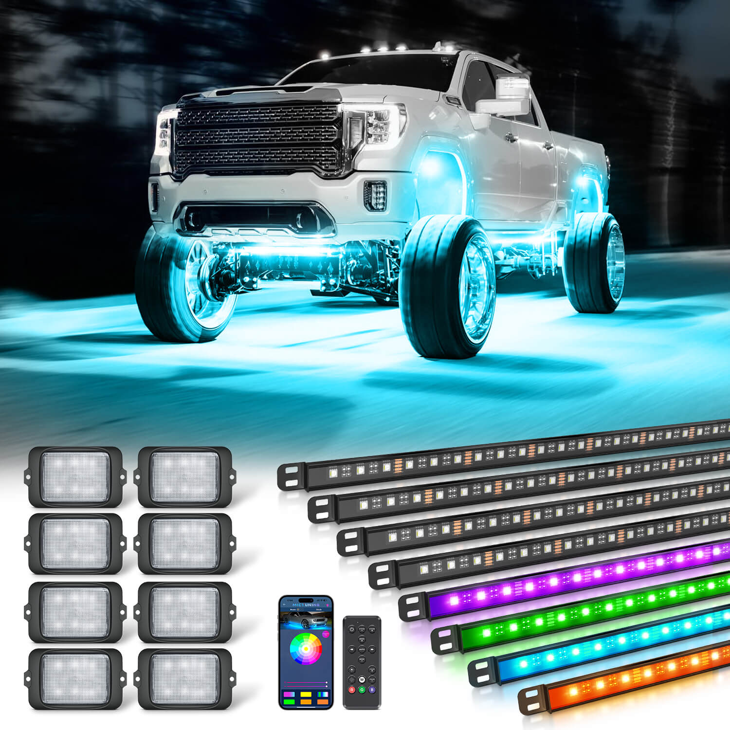 C3 Extensible RGBW LED Rock Lights 8-32 Pods Bundle with N8 RGBW LED Car Underglow Light Kit