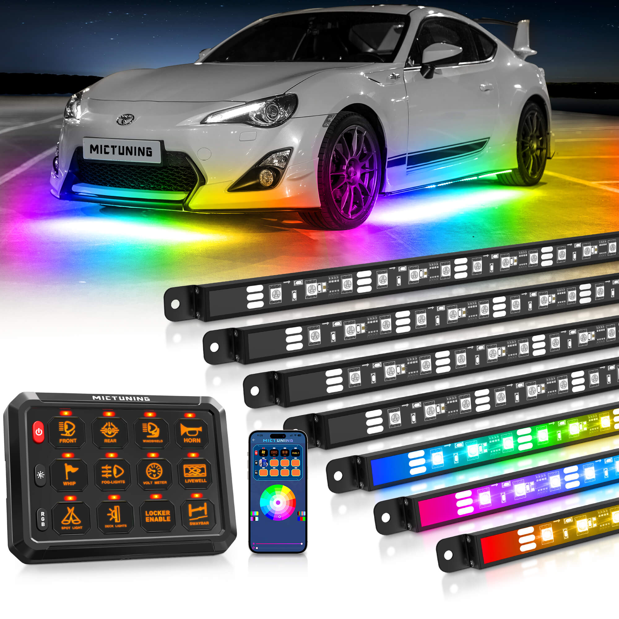 N8 RGBW/RGB+IC Car Underglow Light Kit Bundle with Bluetooth 8/12 Gang RGB Switch Panel P1s