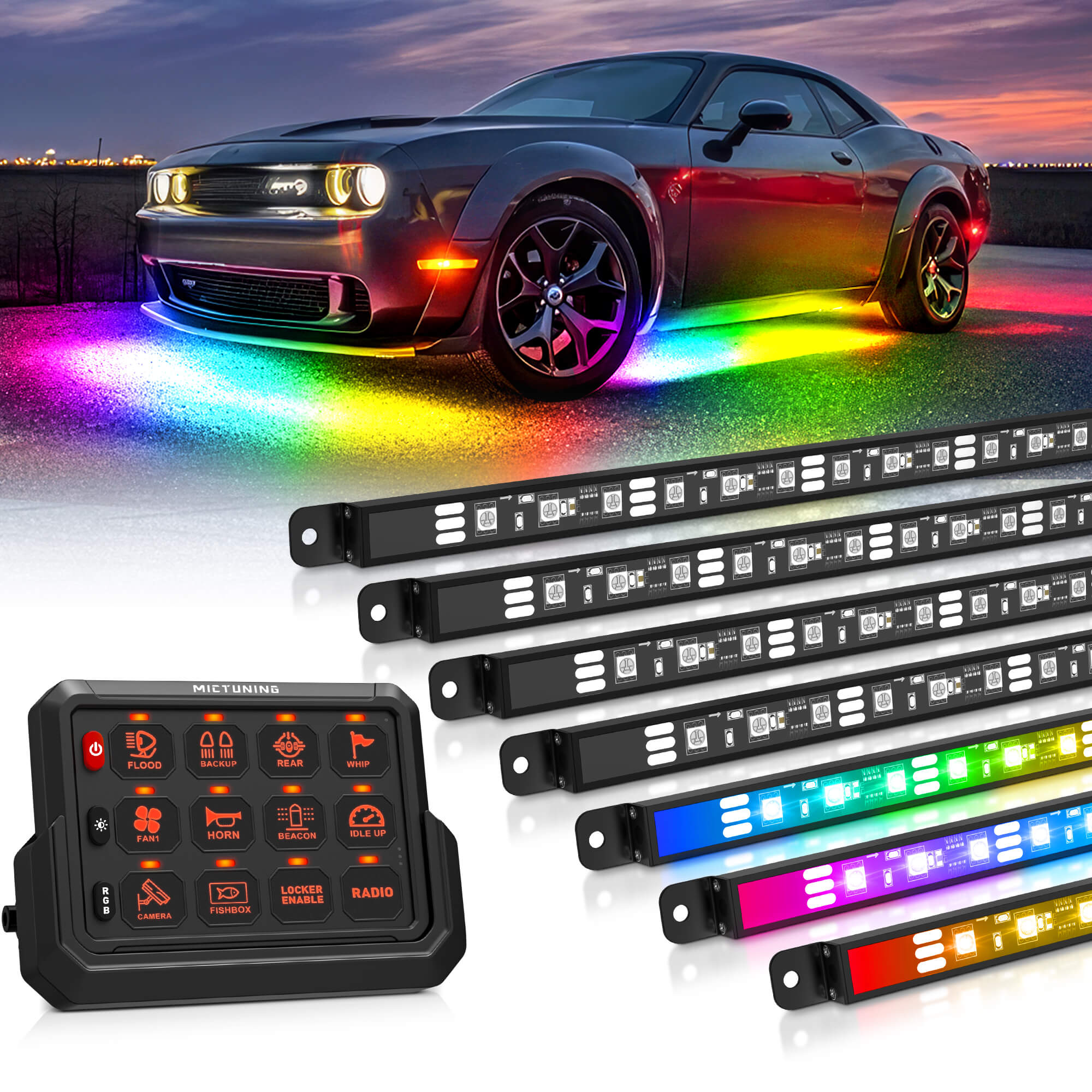 N8 RGBW/RGB+IC Car Underglow Light Kit Bundle with Wireless 8/12 Gang RGB Switch Panel P1s-AC