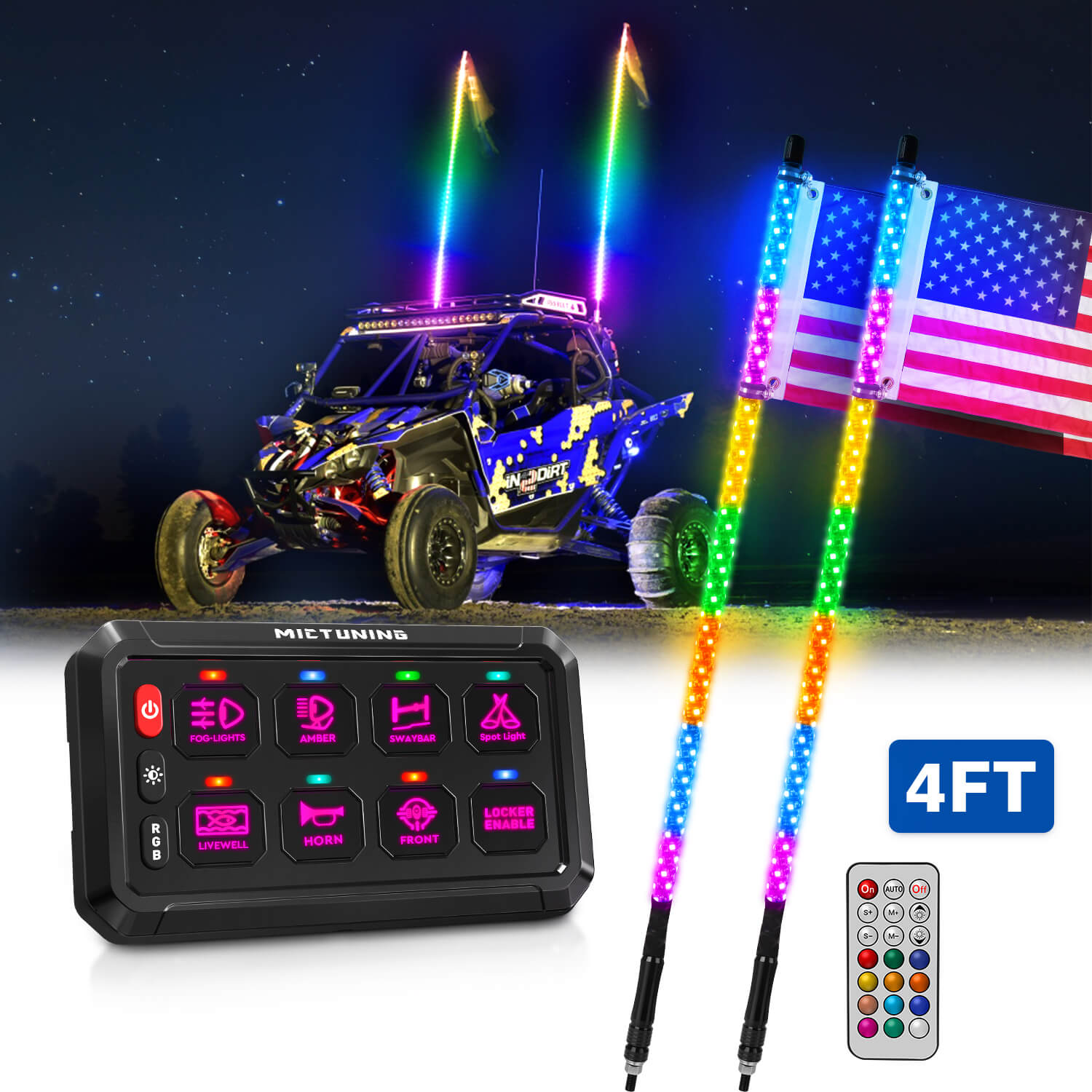 3FT/4FT LED Whip Lights Bundle with P1B RGB 5" 8/12 Gang Switch Panel