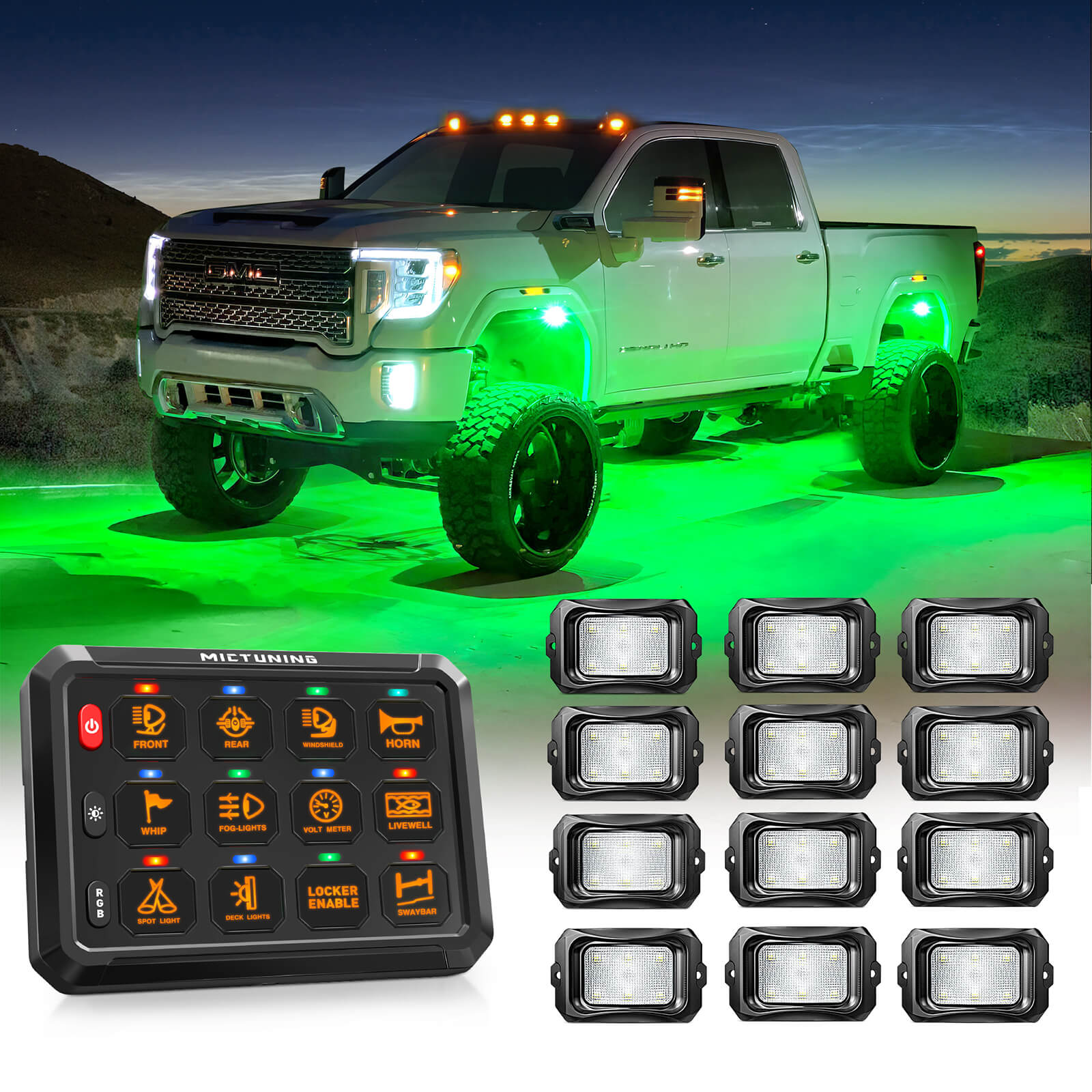 C2 RGBW LED Rock Lights Kit 8-16 Pods Bundle with P1B RGB 5" 8/12 Gang Switch Panel