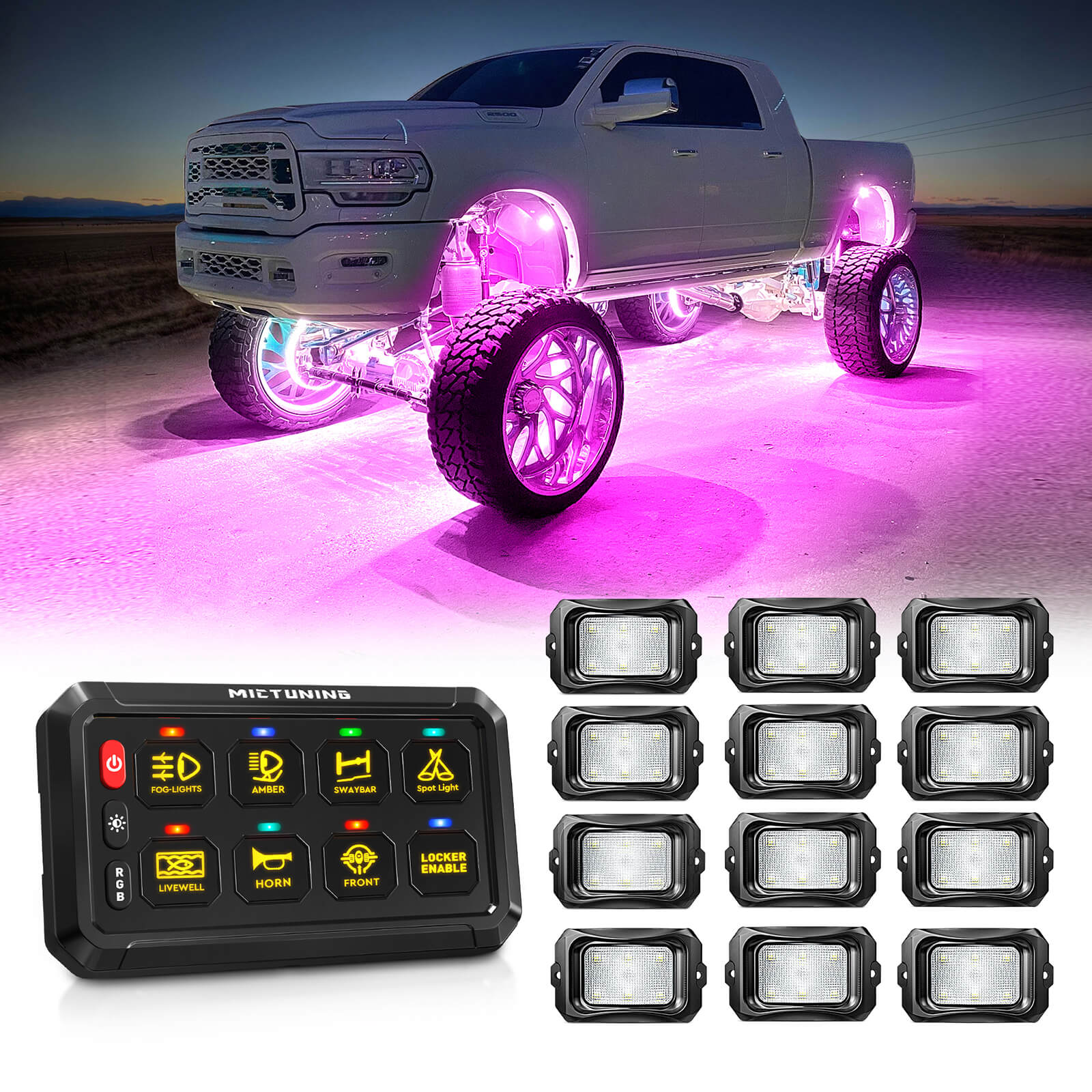 C2 RGBW LED Rock Lights Kit 8-16 Pods Bundle with P1B RGB 5" 8/12 Gang Switch Panel