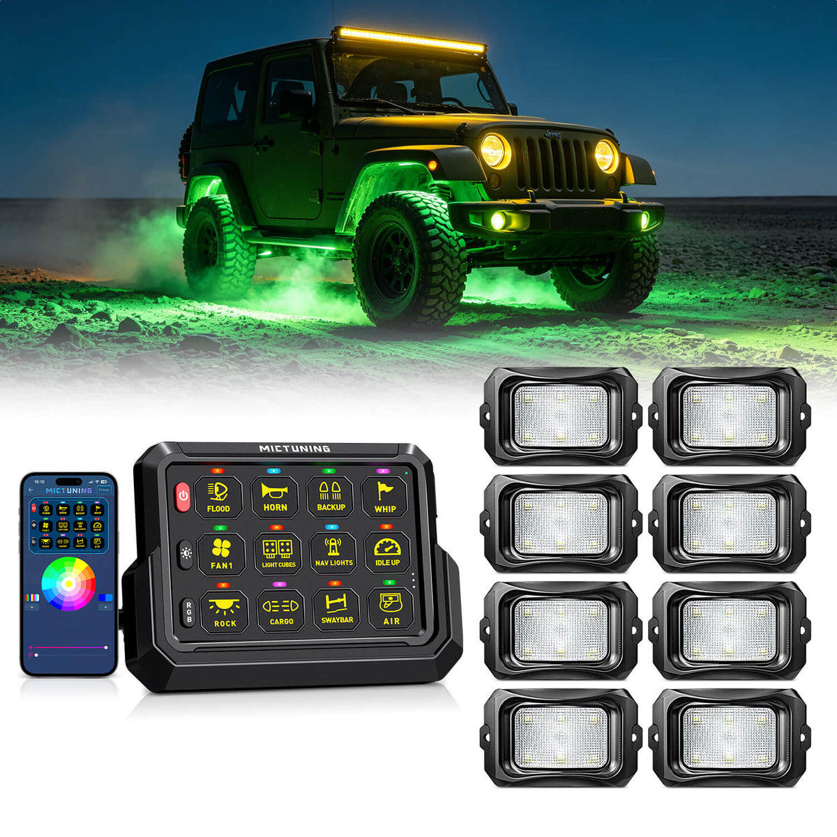 P1s-AC-APP Wireless Switch Panel with App Control, 8/12 Gang Bundle with C2 Curved RGBW LED Rock Lights - 4-16 Pods