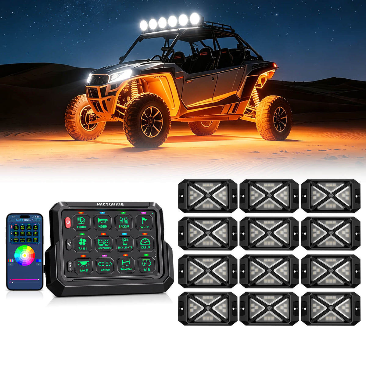 P1s-AC-APP Wireless Switch Panel with App Control, 8/12 Gang Bundle with C4 360° Ultra-bright RGBW Rock Lights, 8-16 Pods