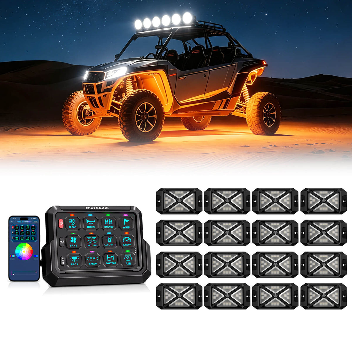 P1s-AC-APP Wireless Switch Panel with App Control, 8/12 Gang Bundle with C4 360° Ultra-bright RGBW Rock Lights, 8-16 Pods